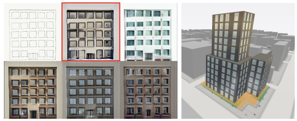 スケッチからAiCorbで生成したファサードデザイン案(左)とHypar上の3Dモデル(右)