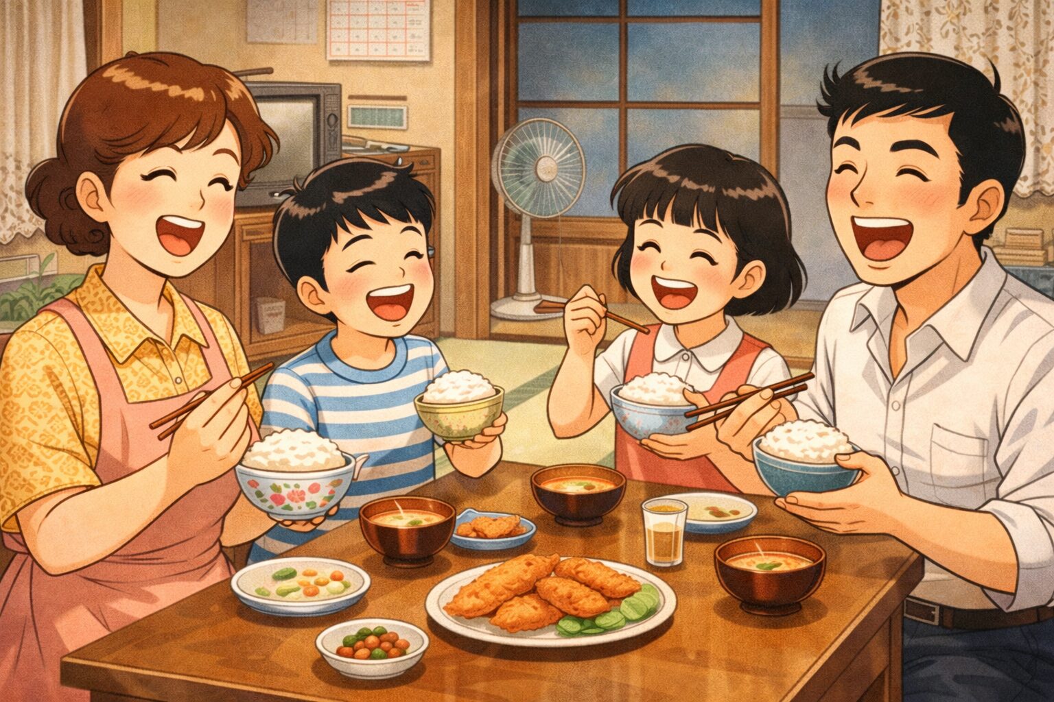 プロンプト「家族が笑いながらご飯を食べているレトロアニメ風の画像を生成してください。時代は昭和。アスペクト比は16:9」で生成した画像