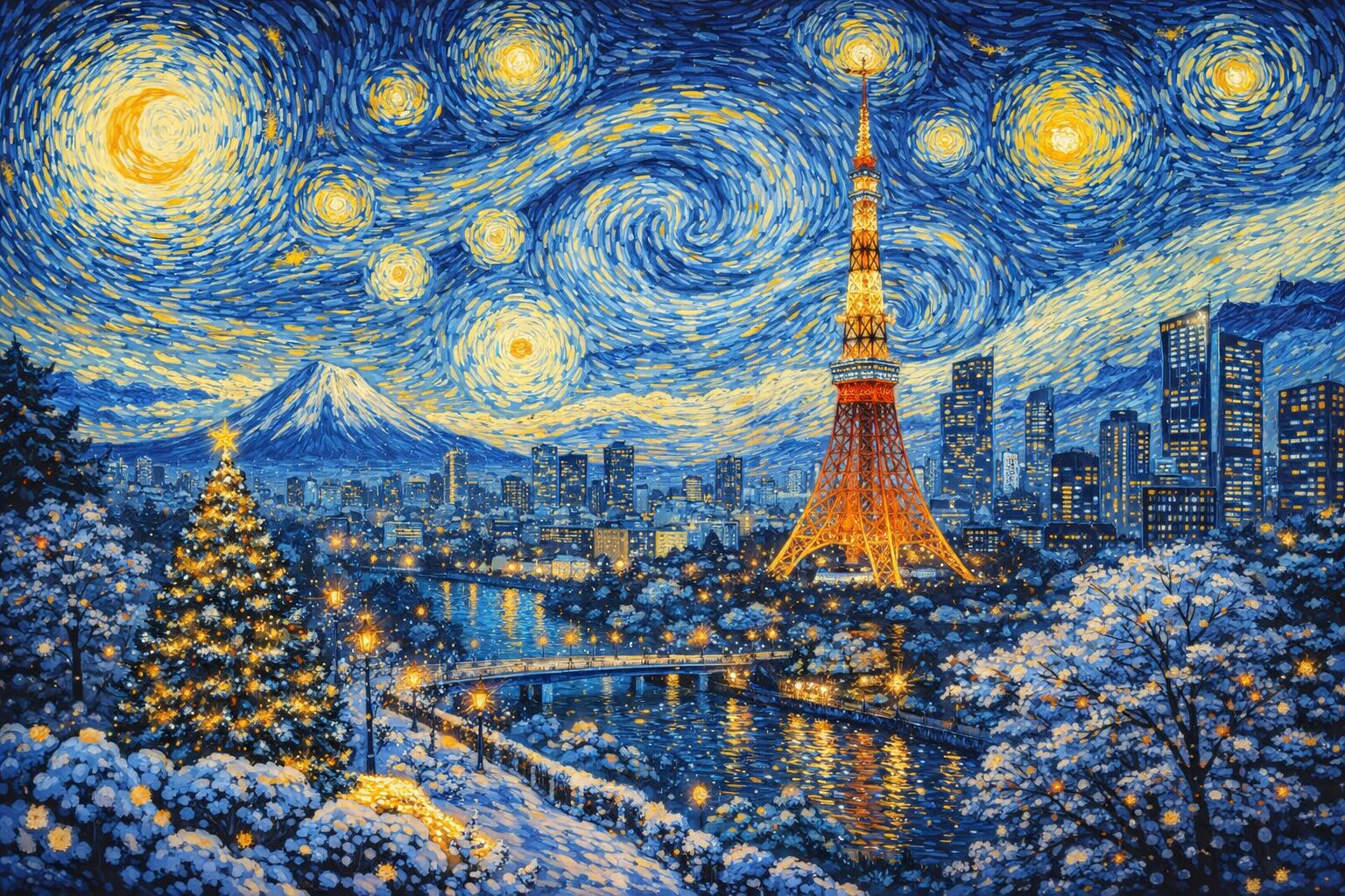 プロンプト「ゴッホの『星月夜』のスタイルで描かれた東京の12月の風景」で生成された画像