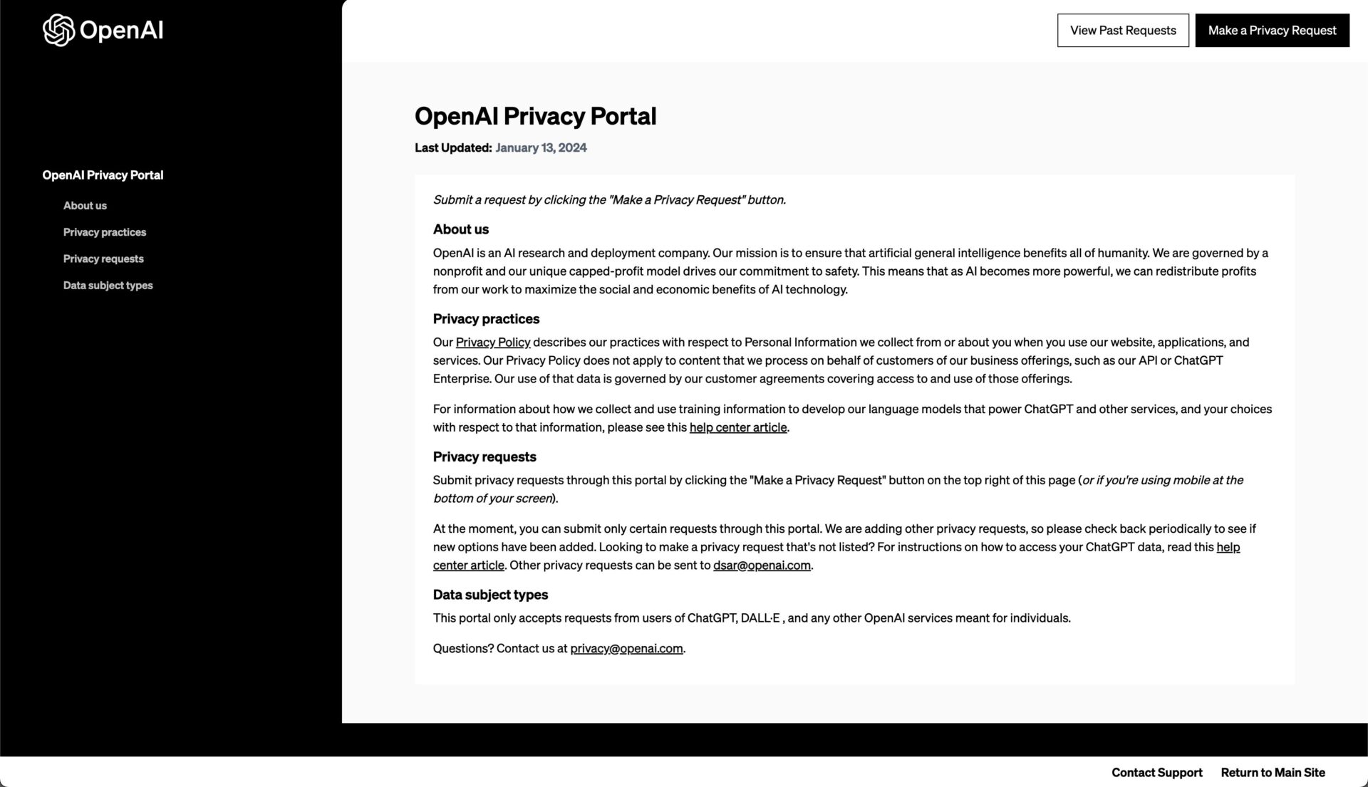 OpenAI公式のOpenAI Privacy Request Portalの画面