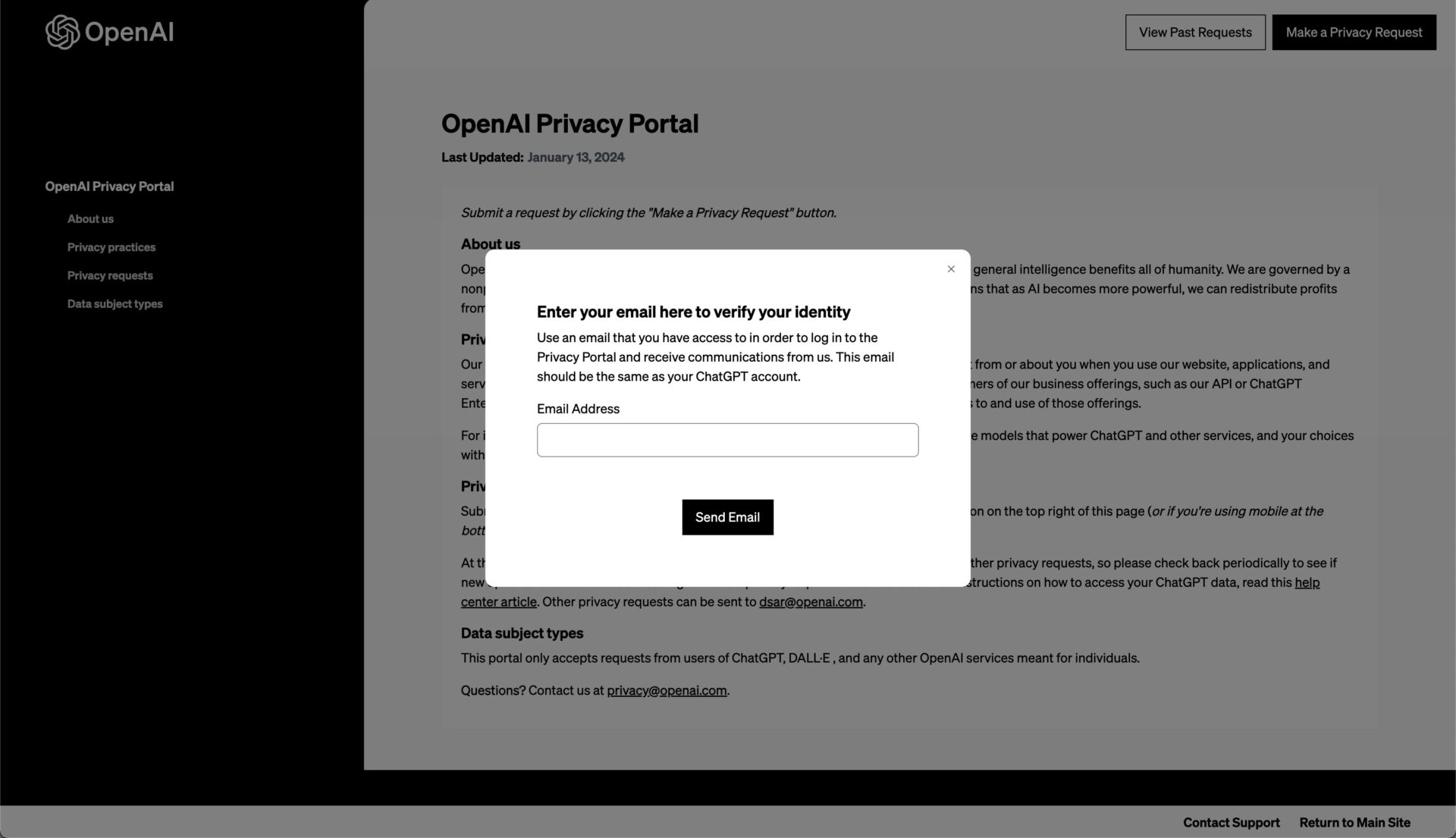 OpenAI公式のOpenAI Privacy Request Portalで連絡用のメールアドレスを入力する画面