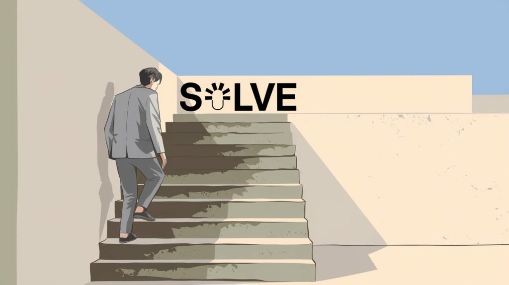 Solveとてっぺんに書かれた階段を登る男性(Ideogram 2.0生成)