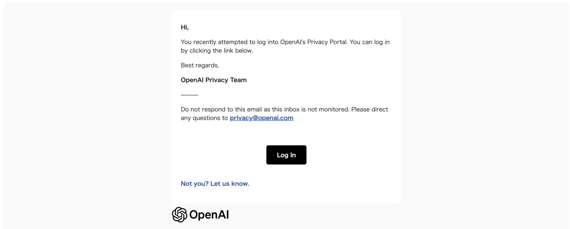 OpenAIから届いたオプトアウト申請完了のメール画面