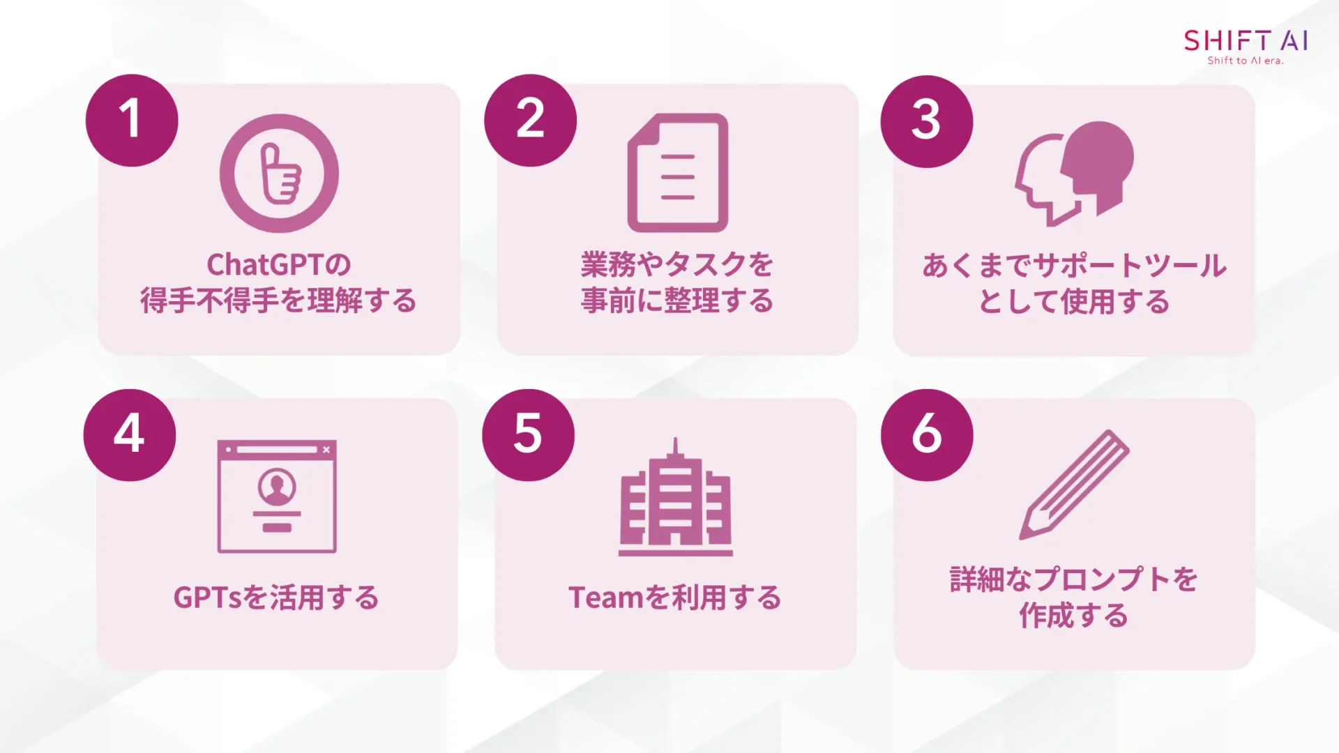 ChatGPTでの業務効率化に失敗しないための6つのポイント(ChatGPTの得手不得手を理解する/業務やタスクを事前に整理する/あくまでサポートツールとして使用する/GPTsを活用する/Teamを利用する/詳細なプロンプトを作成する)