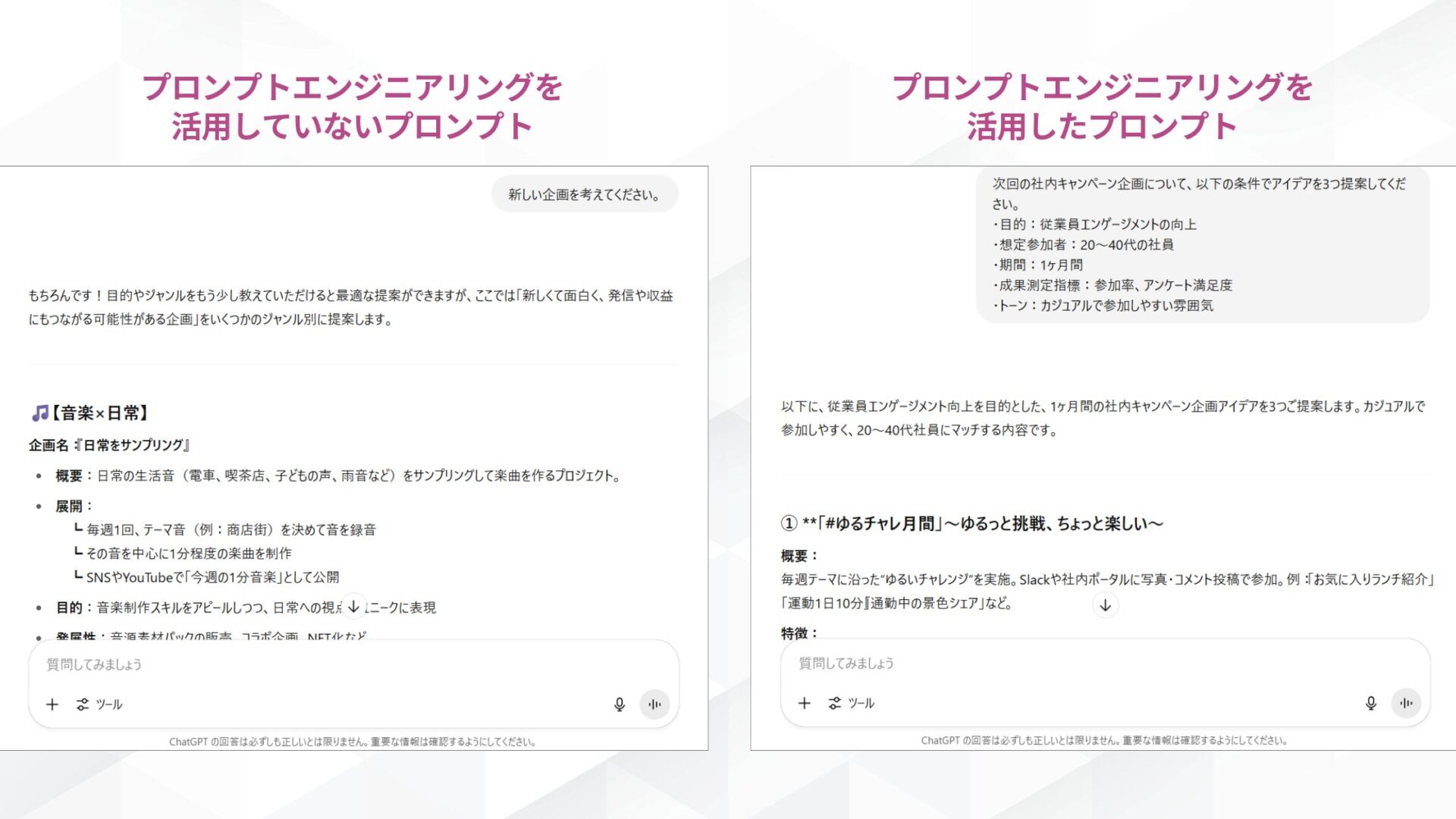 プロンプトエンジニアリングを学ぶメリット(生成AIを最大限に活用できる-プロンプトエンジニアリングを活用したプロンプトと活用していないプロンプトによる出力の違いを比