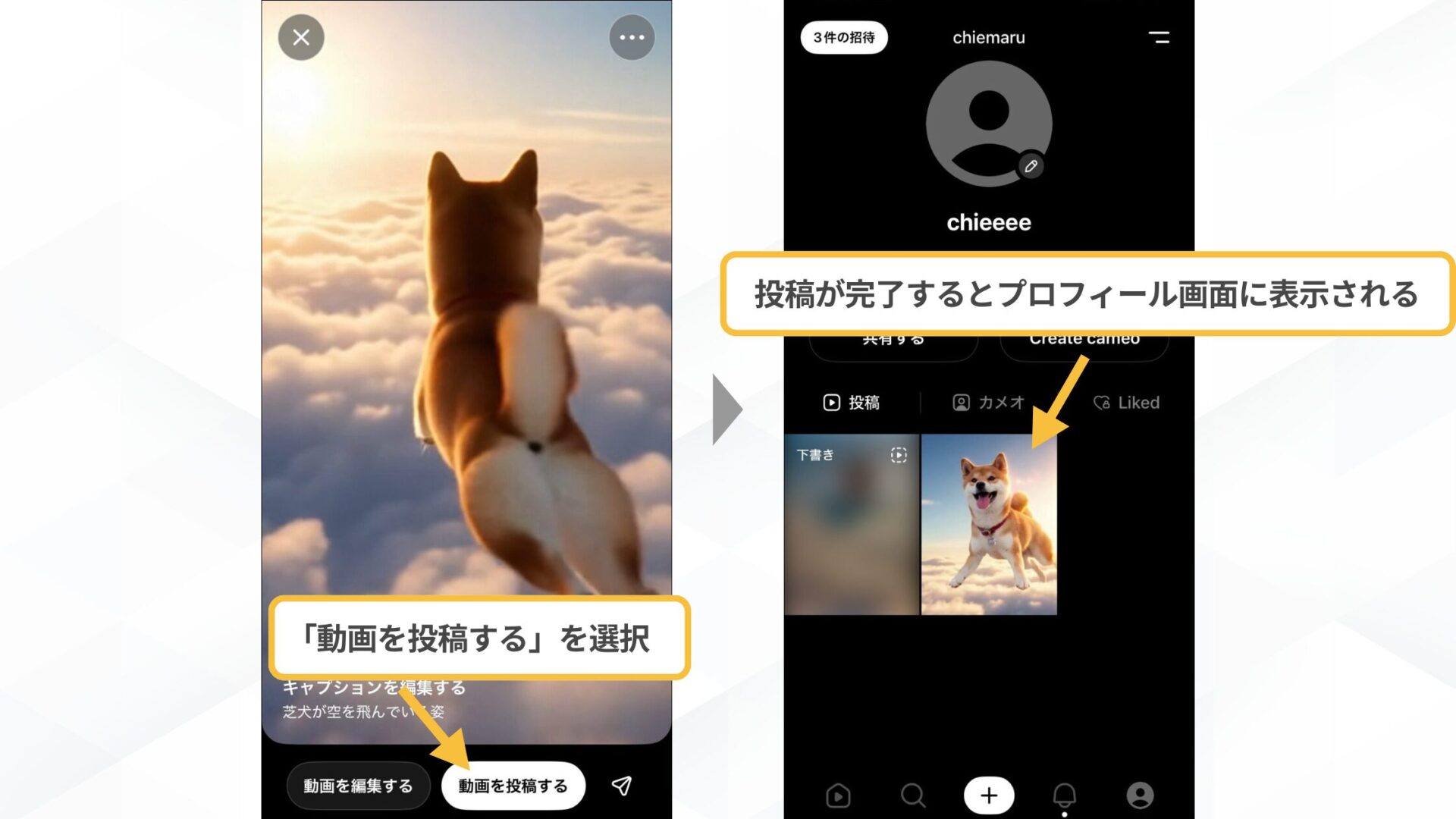 「Sora2」とSNSアプリ「Sora」の使い方(SNSアプリ「Sora」をiPhoneで使用する方法-ステップ4：動画を投稿する)