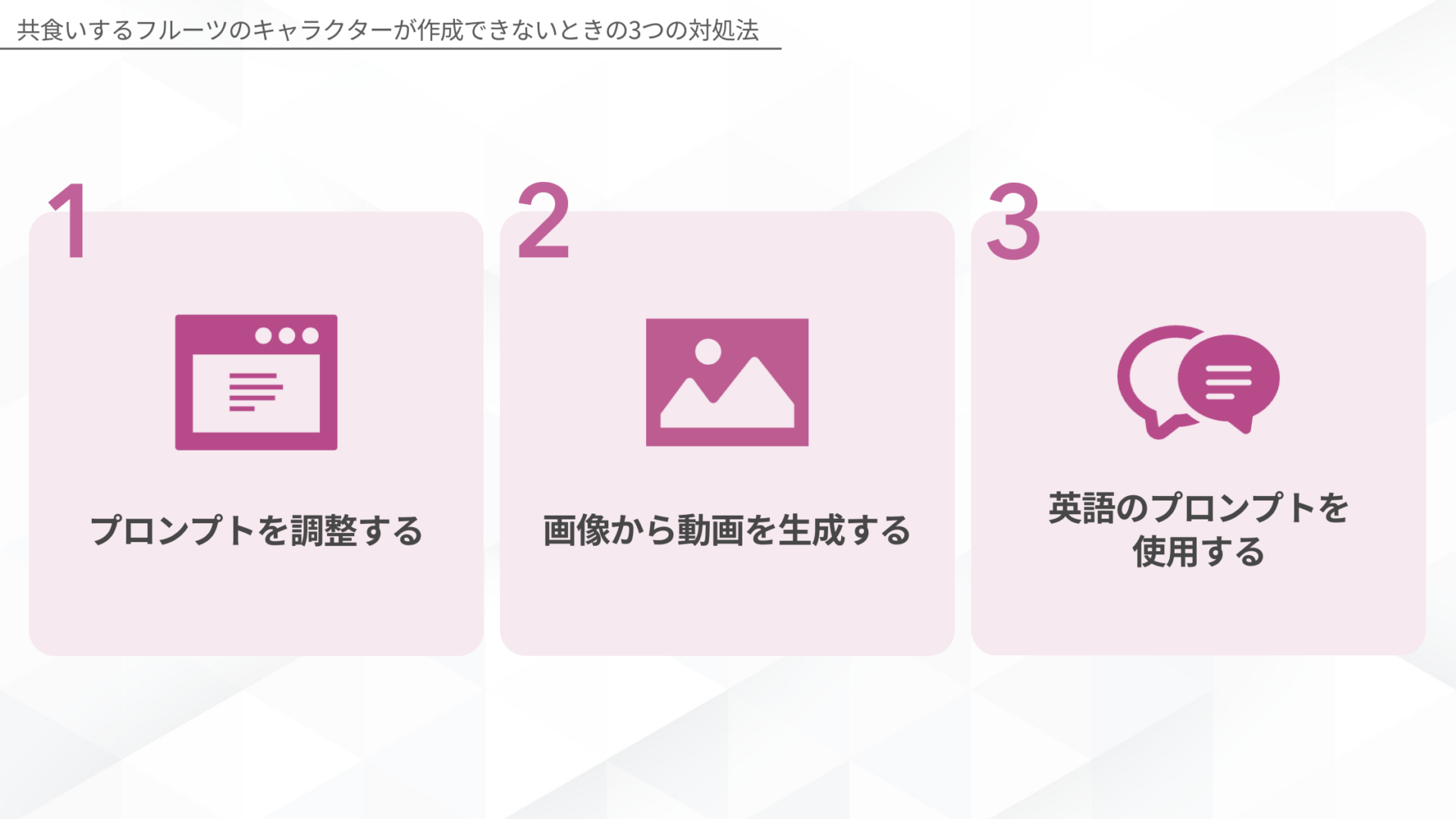 共食いするフルーツのキャラクターが作成できないときの対処法(プロンプトを調整する/画像から動画を生成する/英語のプロンプトを使用する)