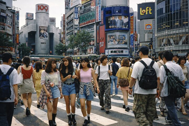 ChatGPT「Images」の活用事例：1990年代の東京・渋谷の街並みや、当時のファッションをした人々で賑わうスクランブル交差点を再現した画像