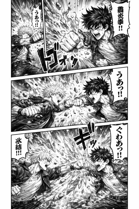 ChatGPT「Images」の活用事例：激しいバトルシーンを描いたモノクロの漫画原稿風画像