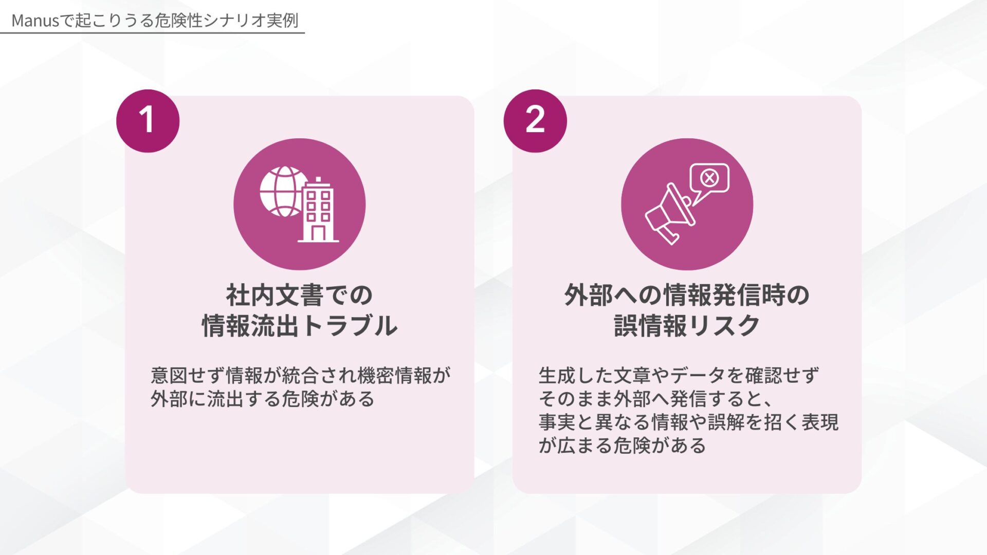 Manusで起こりうる危険性シナリオ実例(社内文書での情報流出トラブル/外部への情報発信時の誤情報リスク)