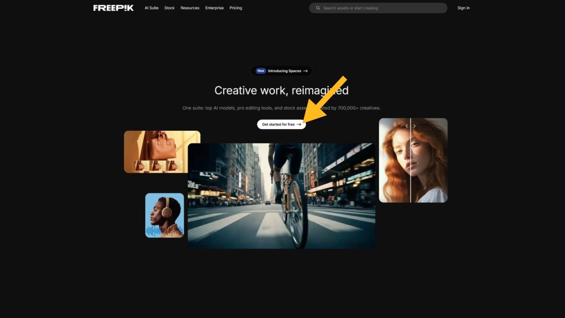Seedreamの使い方Step1：Freepikのトップページで「Get started for free」ボタンを押す