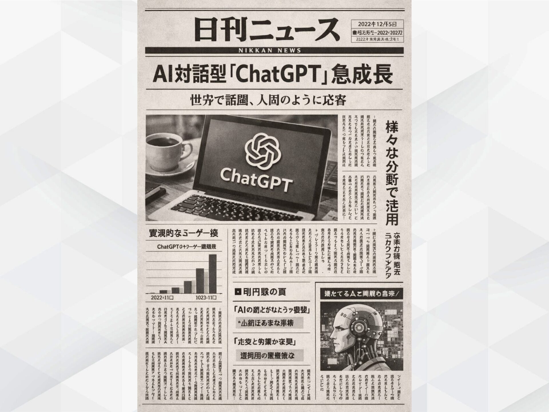新聞記事風の生成画像：「AI対話型ChatGPT急成長」という見出しや、本文の細かな漢字まで崩れずに描写されている