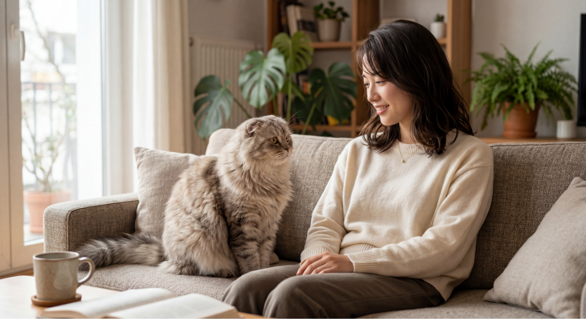 Nano Banana 2の合成機能で作成した、女性と猫がソファでくつろぐ様子。各素材の整合性を保ち自然に合成。