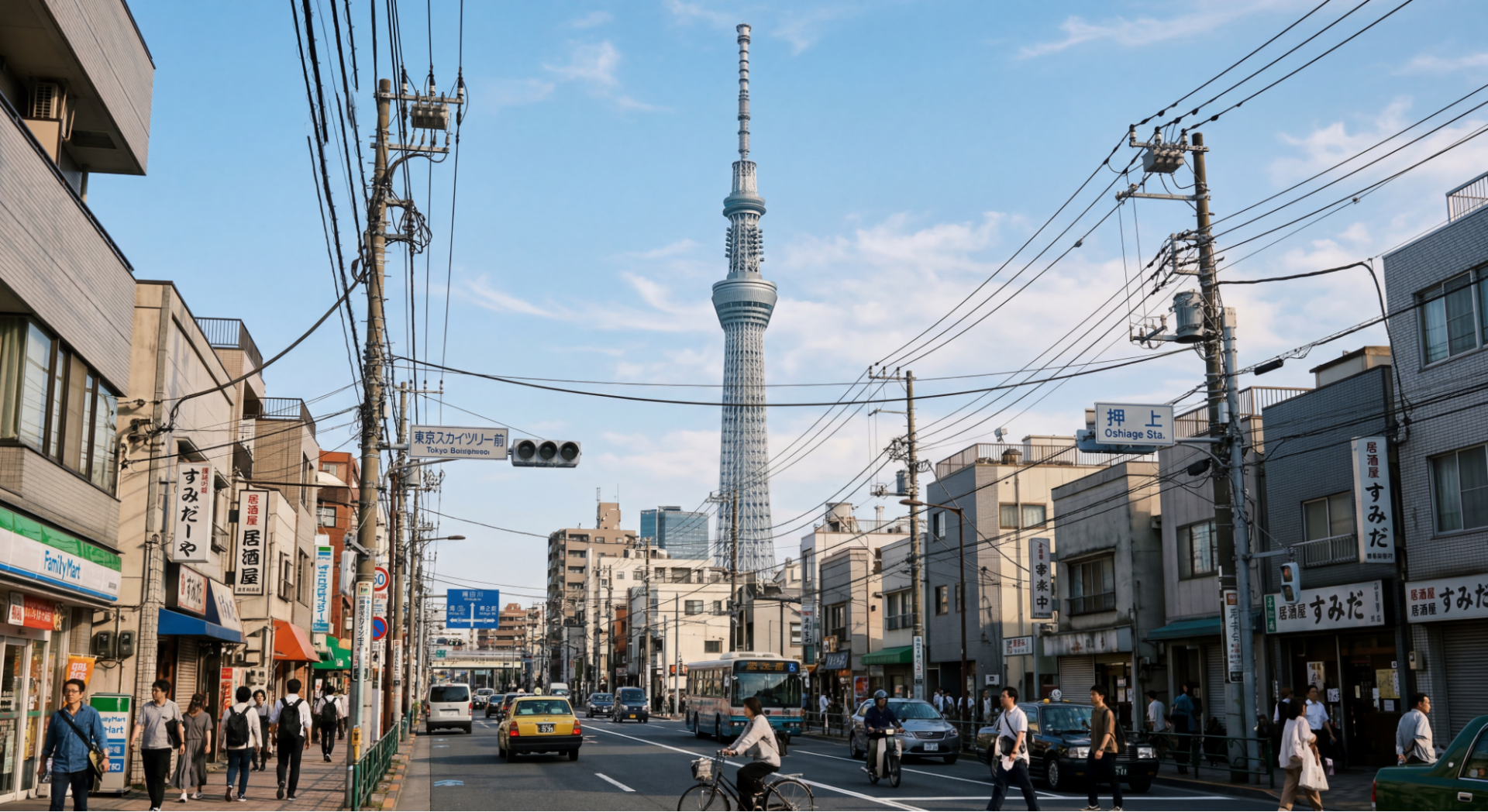 墨田区から見たスカイツリーの風景写真。Nano Banana 2のスタイル変換を検証するための加工前の元画像。