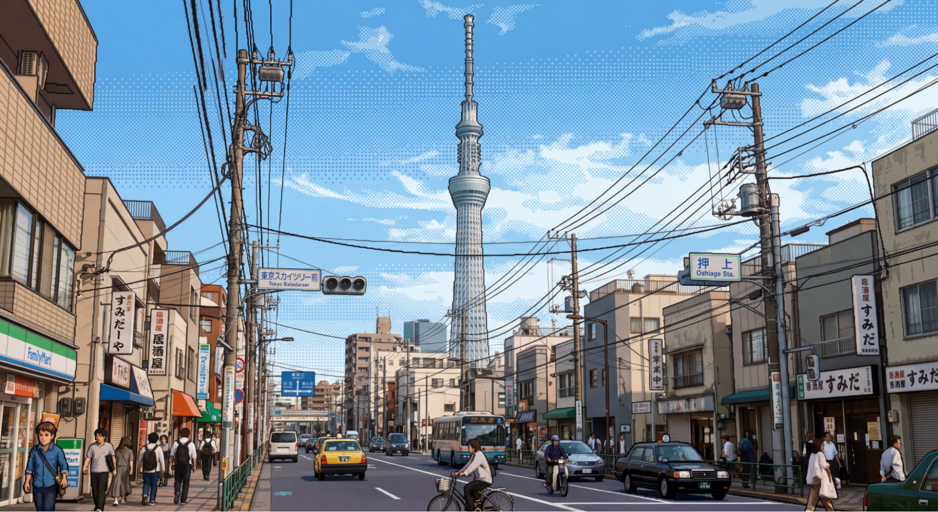 写真をゲーム風のドット絵に変換したスカイツリー周辺の街並み。Nano Banana 2が建物の形状を維持し加工。