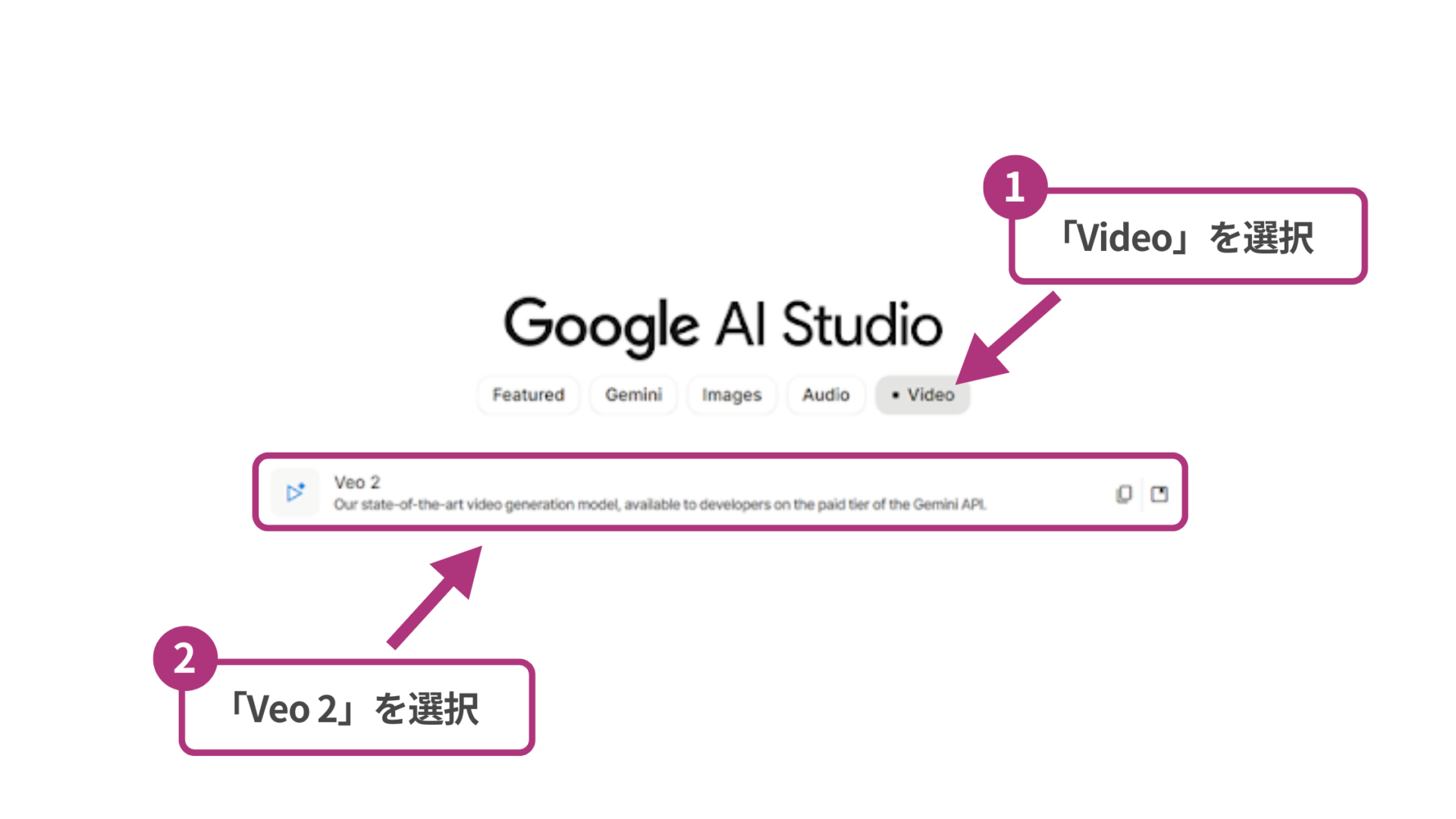 Google AI Studioで動画生成をする方法(Veo 2の使い方-ステップ2：「Veo 2」モードを選択する-「Veo 2」の選択画面)