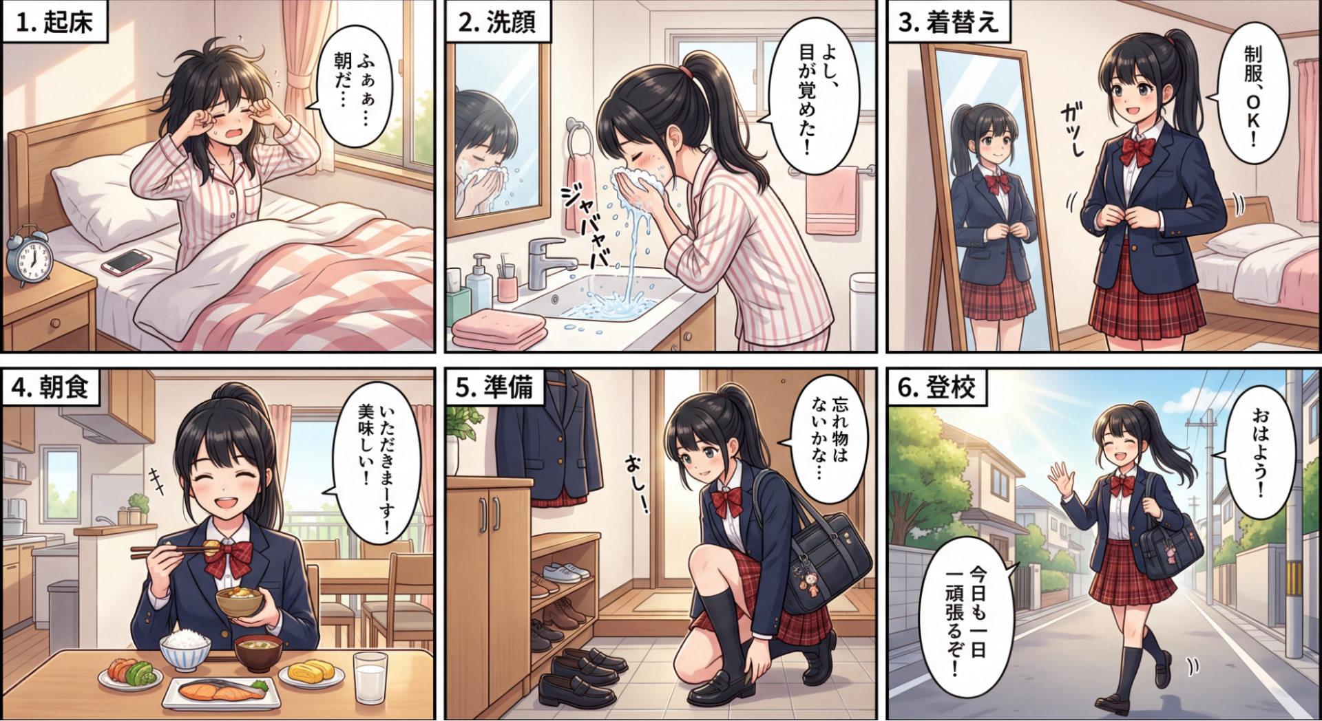 女子高生の朝のルーティンを描いた6コマのストーリーボード。Nano Banana 2で一貫したキャラ描写が可能。