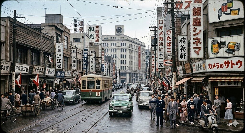 Nano Banana 2で生成した昭和30年代の銀座。都電やレトロな看板が並ぶ風景が高解像度で描写されている。
