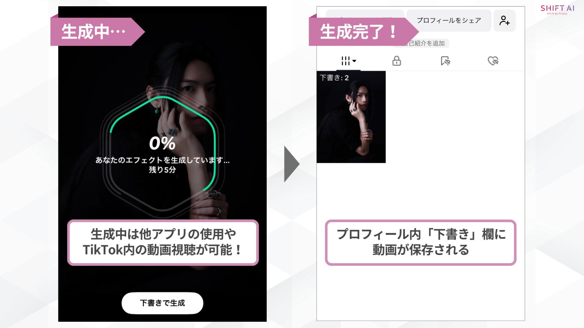 TikTokのAIマーメイド動画の作り方(⑥生成中は他アプリの使用や TikTok内の動画視聴が可能→プロフィール内「下書き」欄に 動画が保存される)