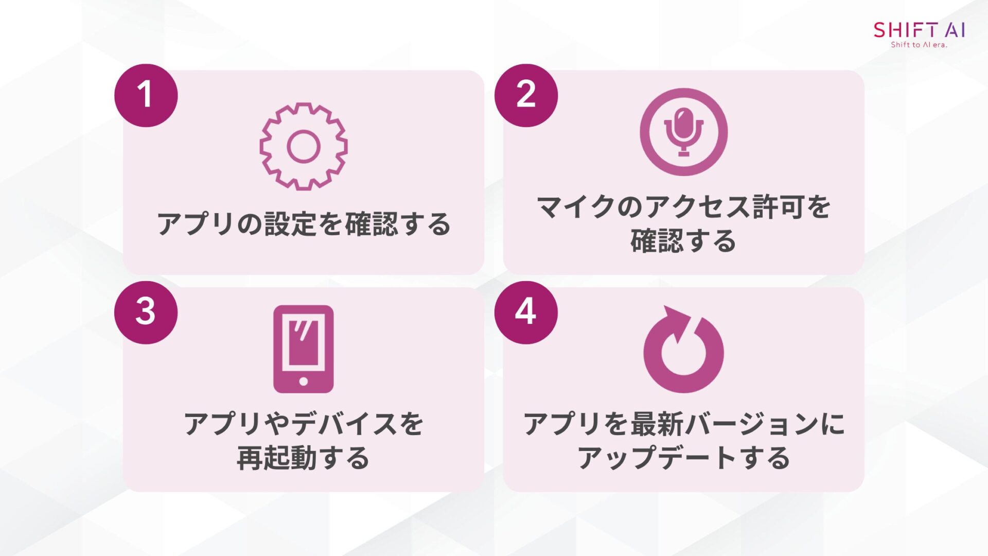 音声入力ができないときの対処法(アプリの設定を確認するマイクのアクセス許可を確認するアプリやデバイスを再起動するアプリを最新バージョンにアップデートする)
