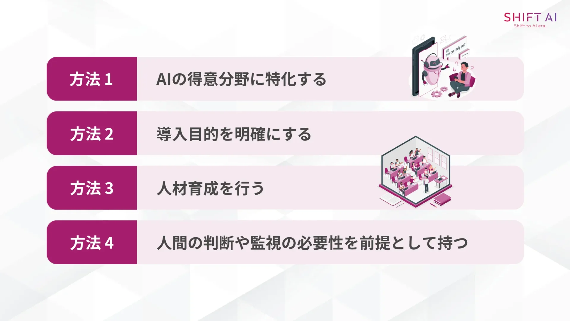 AIが役に立たない状況から脱却する4つの方法(AIの得意分野に特化する/導入目的を明確にする/人材育成を行う/人間の判断や監視の必要性を前提として持つ)