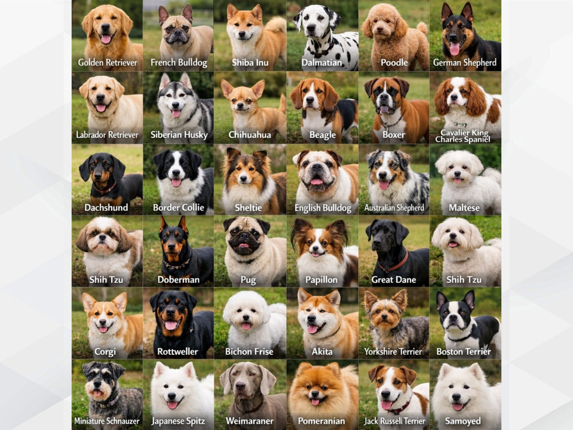 犬種一覧の画像：ゴールデンレトリバーや柴犬など、20種類以上の犬の顔が指示通りに整然とタイル状に並んでいる
