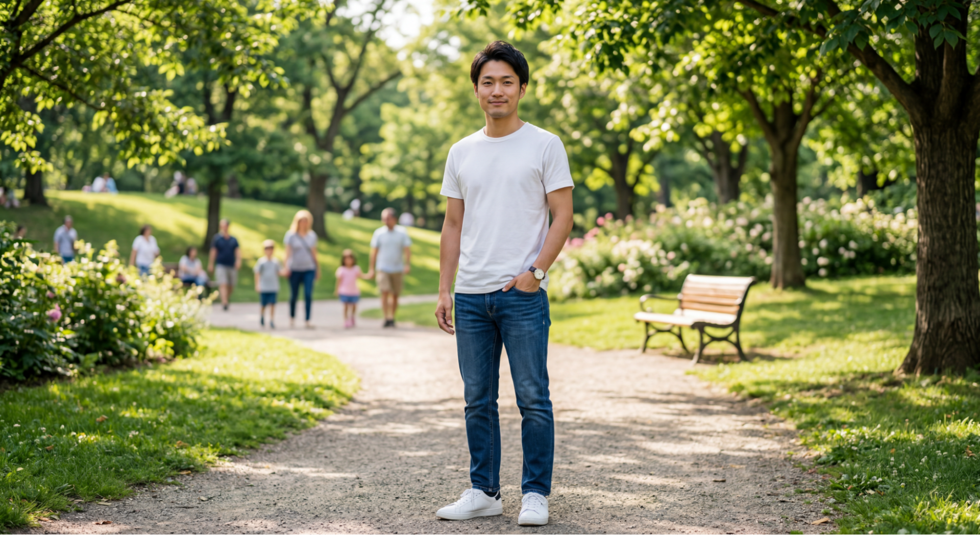 Nano Banana 2による着せ替え検証。人物の造形を維持しつつ、カジュアルな白いTシャツとデニム姿へ背景込みで変更。