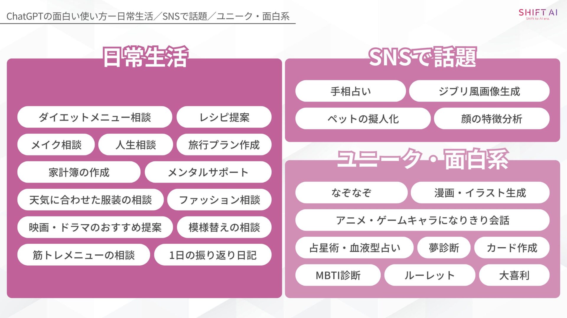 【ジャンル別】ChatGPTの面白い使い方26選！(【日常生活】ダイエットメニュー相談/【日常生活】メイク相談/【日常生活】レシピ提案/【日常生活】人生相談/【日常生活】旅行プラン作成/【日常生活】家計簿の作成/【日常生活】メンタルサポート/【日常生活】天気に合わせた服装の相談/【日常生活】ファッション相談/【日常生活】映画・ドラマのおすすめ提案/【日常生活】模様替えの相談/【日常生活】筋トレメニューの相談/【日常生活】1日の振り返り日記/【SNSで話題】手相占い/【SNSで話題】ジブリ風画像生成/【SNSで話題】ペットの擬人化/【SNSで話題】顔の特徴分析/【ユニーク・面白系】なぞなぞ/【ユニーク・面白系】漫画・イラスト生成/【ユニーク・面白系】アニメ・ゲームキャラになりきり会話/【ユニーク・面白系】占星術・血液型占い/【ユニーク・面白系】夢診断/【ユニーク・面白系】カード作成/【ユニーク・面白系】MBTI診断/【ユニーク・面白系】ルーレット/【ユニーク・面白系】大喜利)