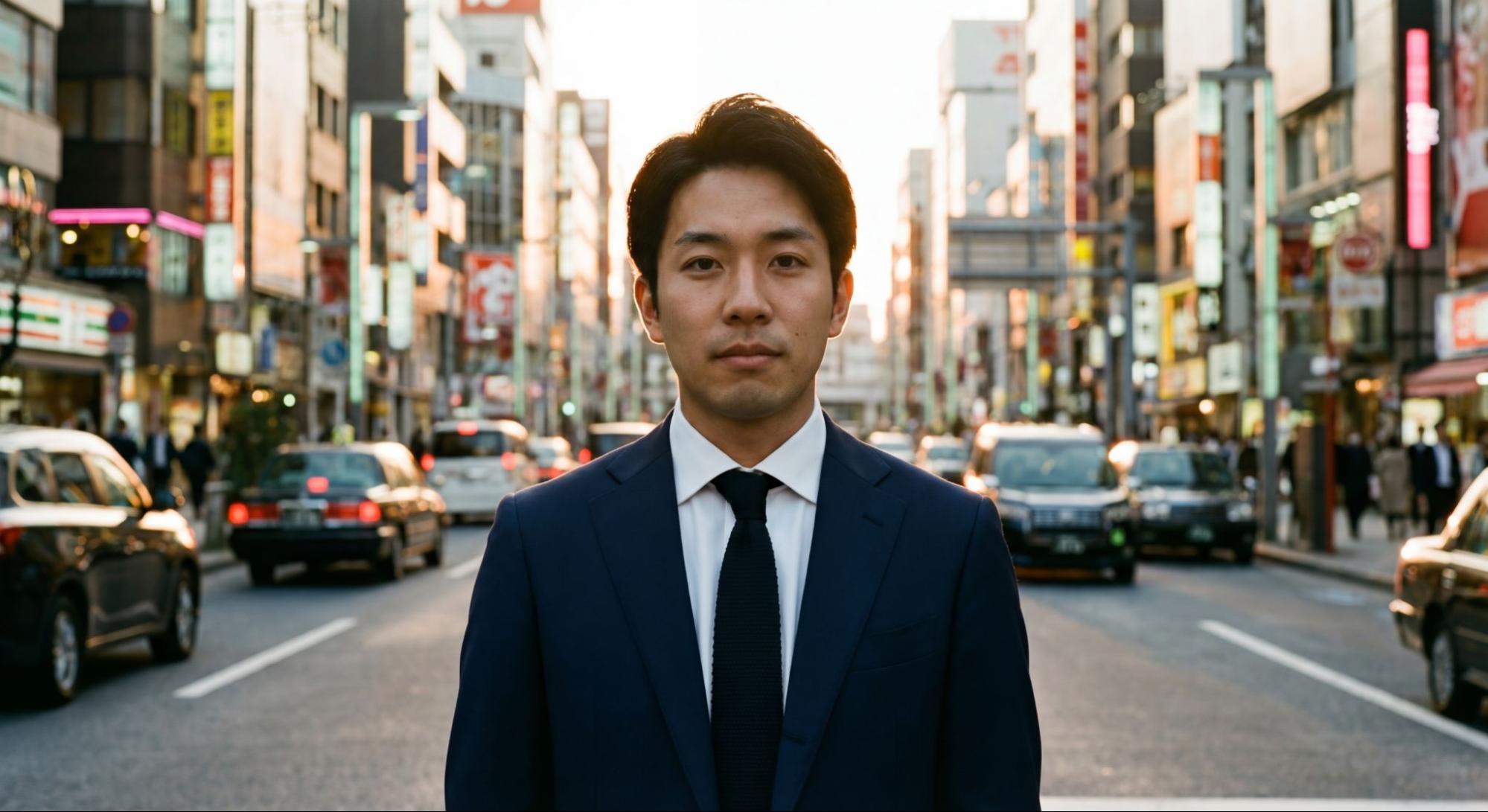Nano Banana Proによるスーツ姿への着せ替え。同一モデルを維持し、ビル群が並ぶ都会の風景の中でフォーマルな装いを再現。