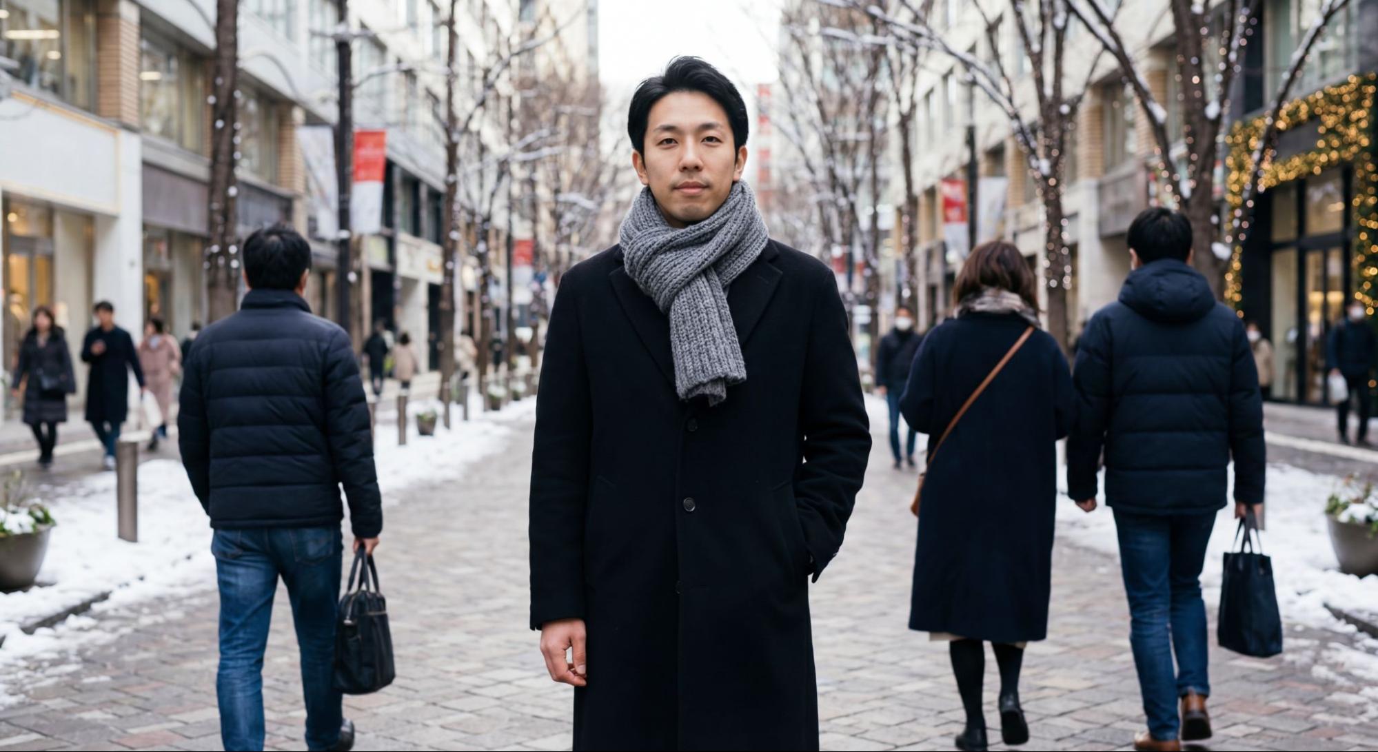 Nano Banana Proによる冬服への変更。人物の整合性を保ち、マフラーを巻いた冬のコート姿をヨーロッパ風の街角で生成。