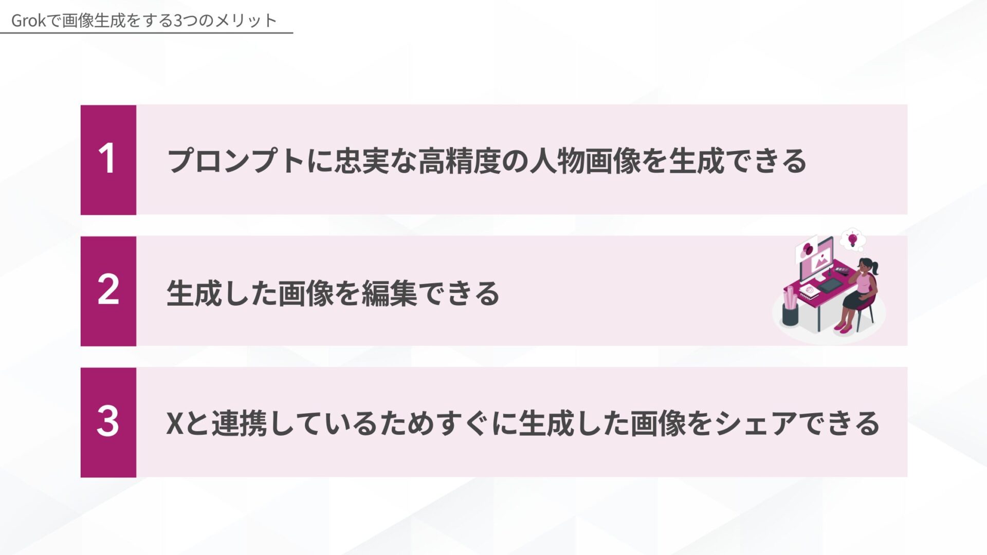Grokで画像生成をするメリット(プロンプトに忠実な高精度の人物画像を生成できる/生成した画像を編集できる/Xと連携しているためすぐに生成した画像をシェアできる)