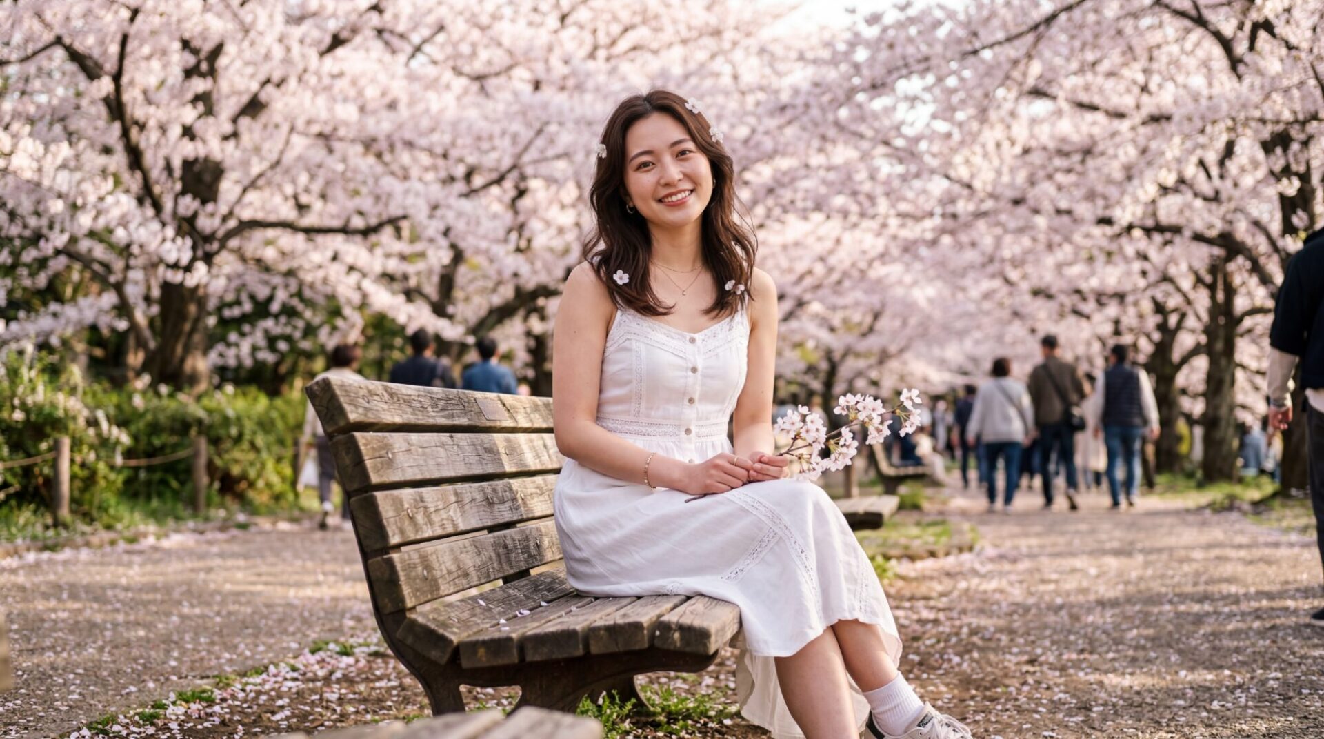 満開の桜の下、ベンチに座る女性。Nano Banana 2に詳細かつ構造化したプロンプトを与えて生成。