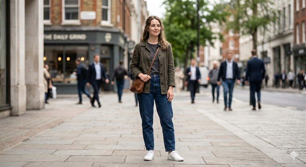 昼間のロンドンの街角に立つ女性。Nano Banana 2で画像編集を行う際のベースとなる元画像。