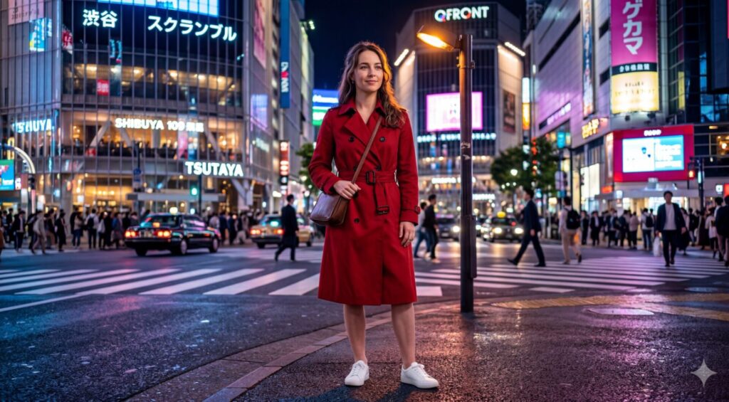 夜の渋谷スクランブル交差点に立つ赤いコートの女性。参照画像を用いてNano Banana 2で一貫性を保ち編集。