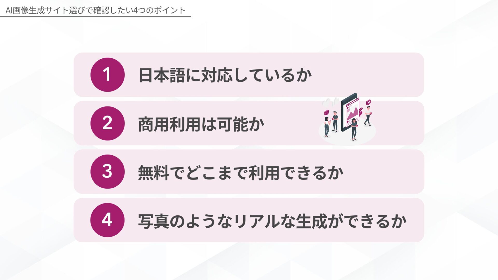 AI画像生成サイト選びで確認したい4つのポイント(日本語に対応しているか/商用利用は可能か/無料でどこまで利用できるか/写真のようなリアルな生成ができるか)