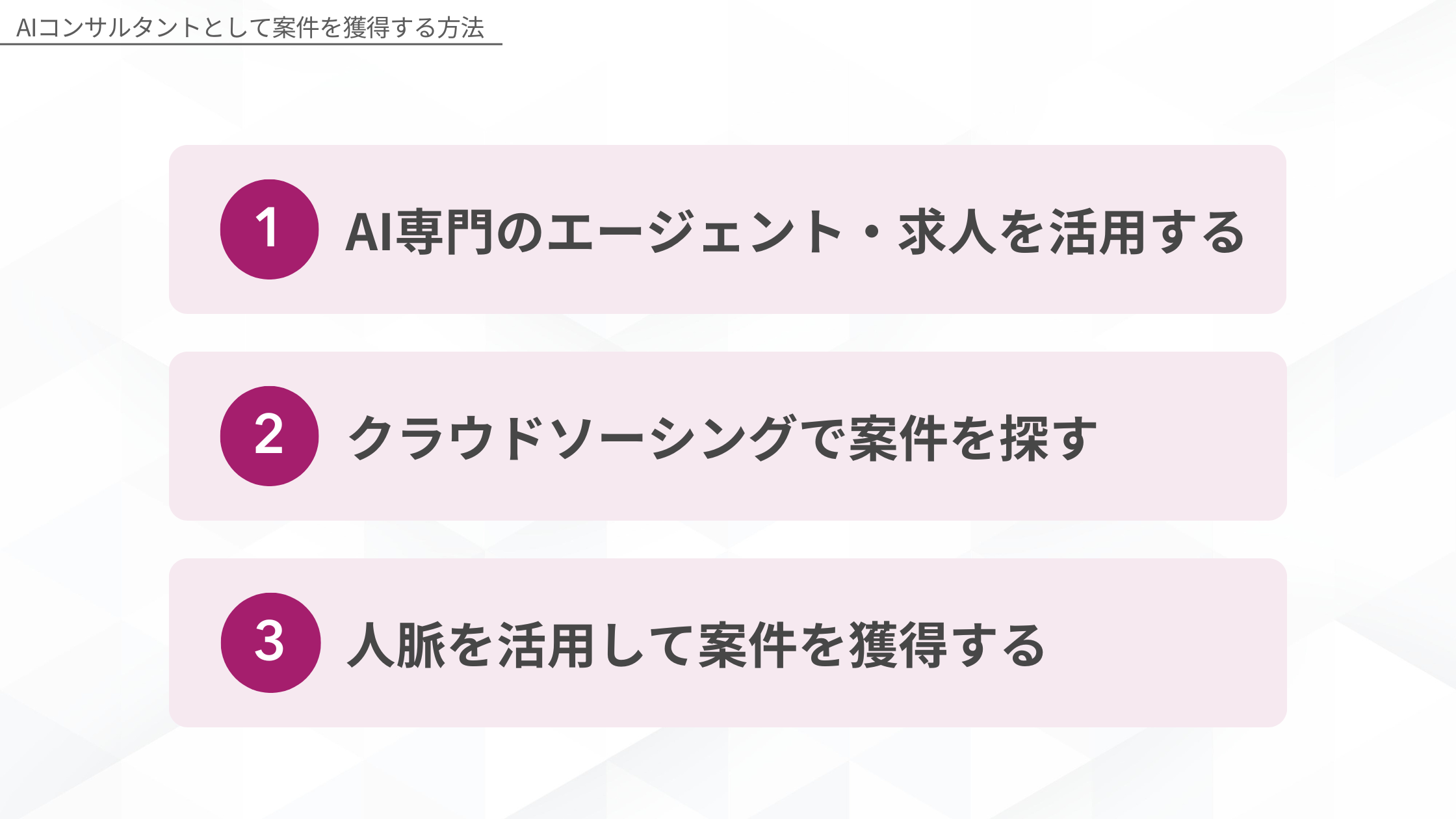 AIコンサルタントとして案件を獲得する方法：1.AI専門のエージェント・求人を活用する、2.クラウドソーシングで案件を探す、3.人脈を活用して案件を獲得する
