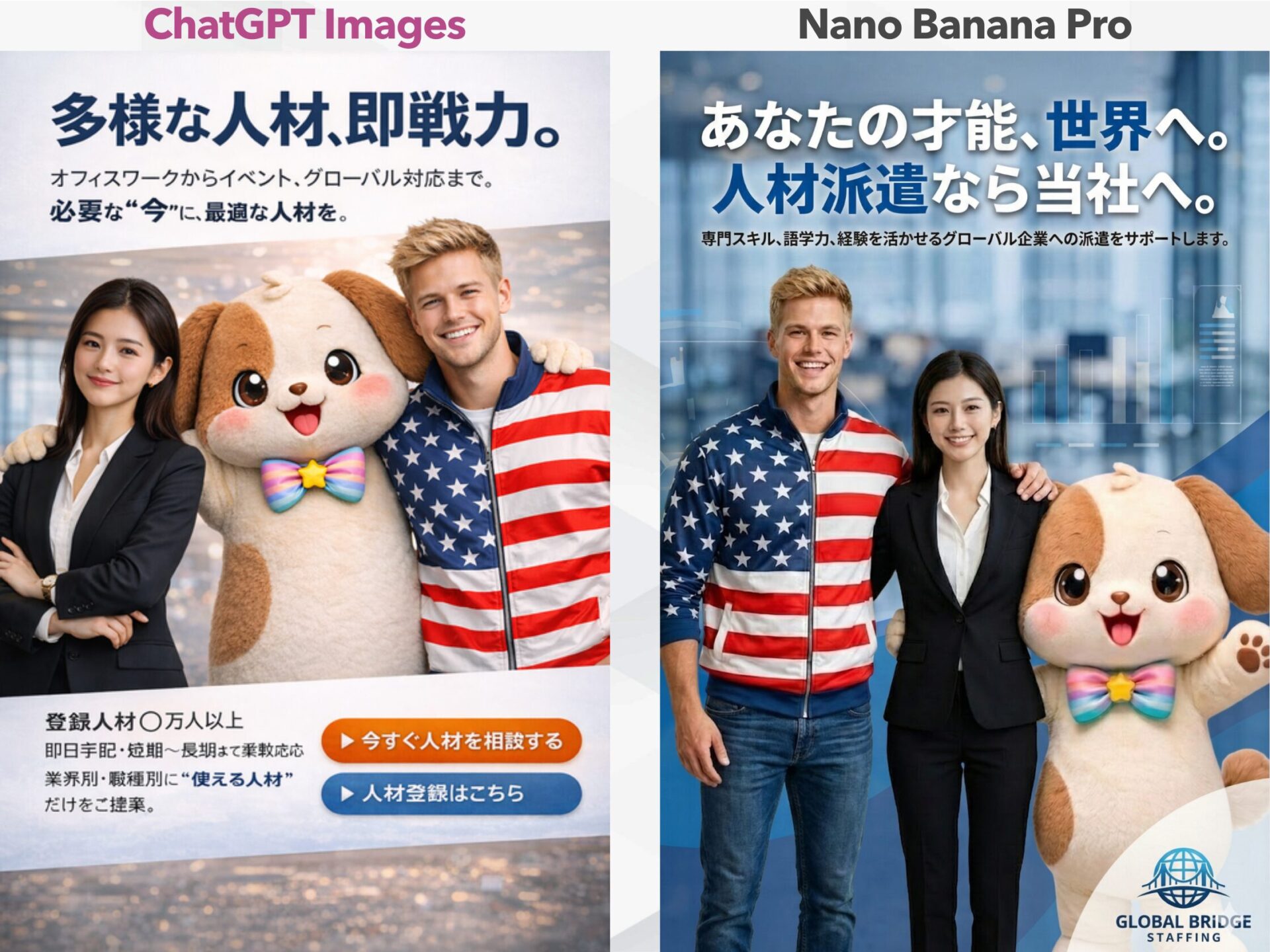 画像合成能力の比較：ChatGPT ImagesとNano Banana Proで、オフィスにいる人物と着ぐるみのツーショットを作成し比較した画像