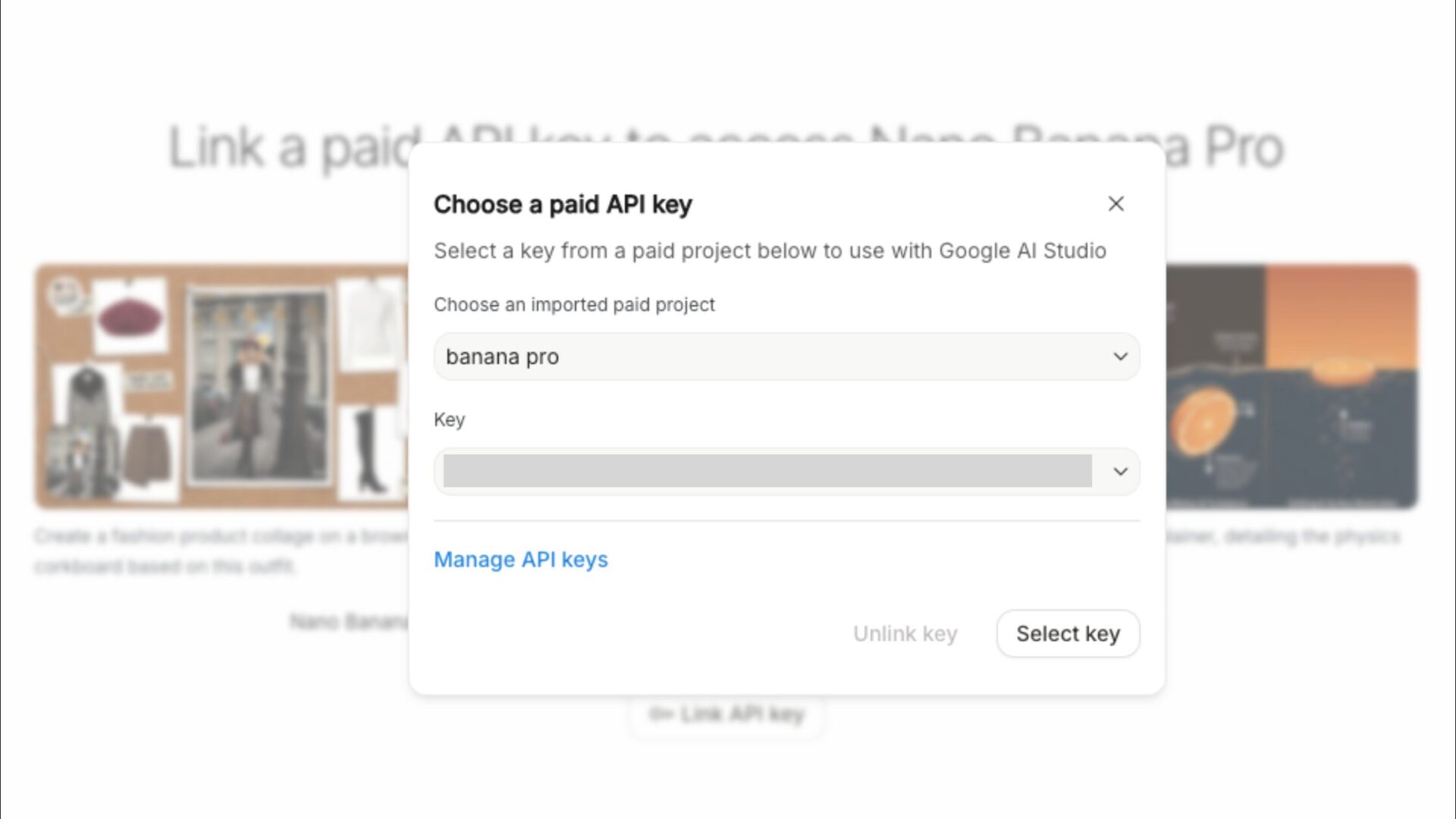 Google AI studioでNano Banana Proを利用する際にAPI入力が必要であることを示す画面のスクリーンショット