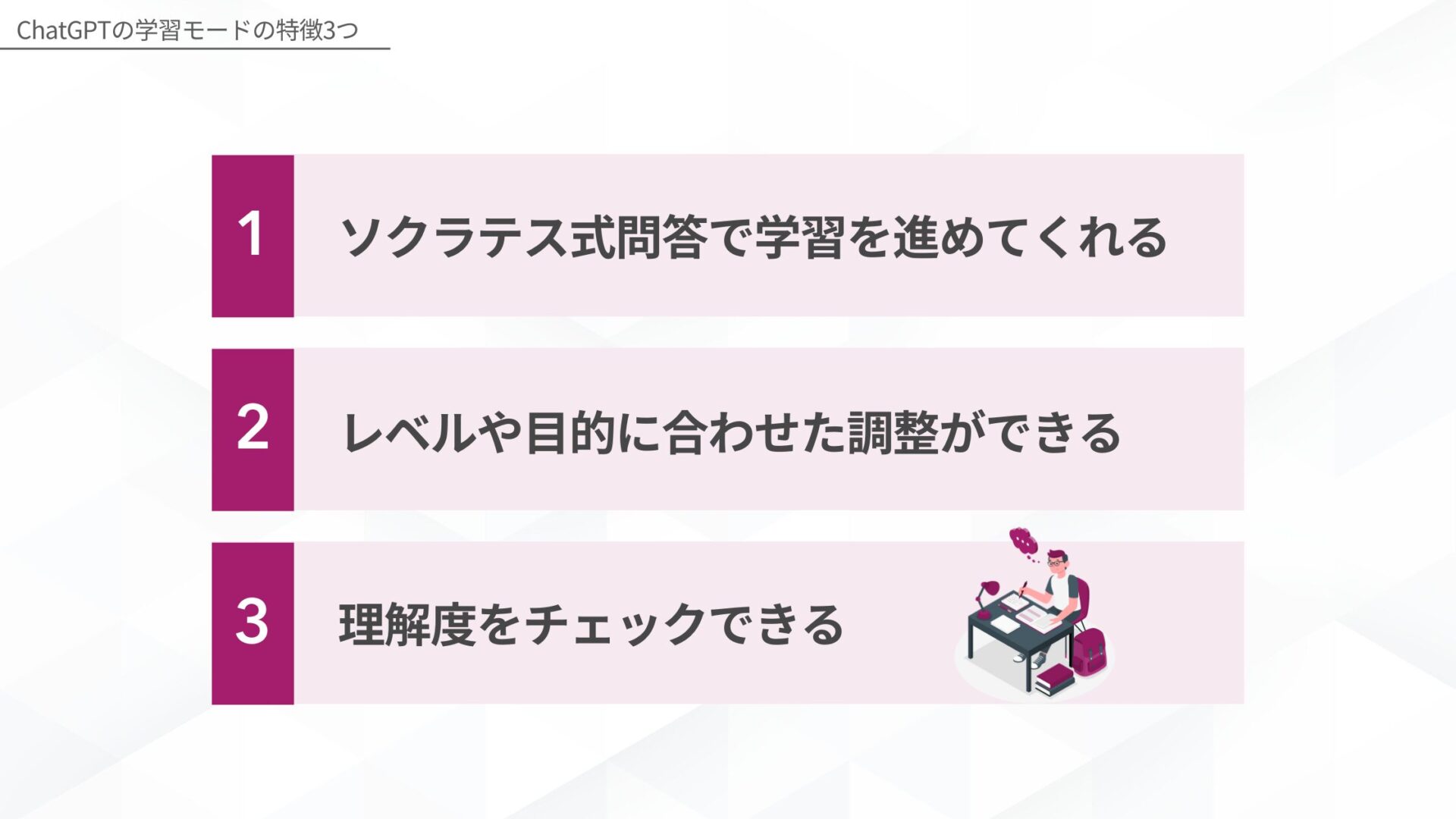 ChatGPTの学習モードの特徴(ソクラテス式問答で学習を進めてくれる/レベルや目的に合わせた調整ができる/理解度をチェックできる)誤った情報が含まれている可能性がある 一貫性のない回答を行う場合がある 個人情報や機密情報を入力しない