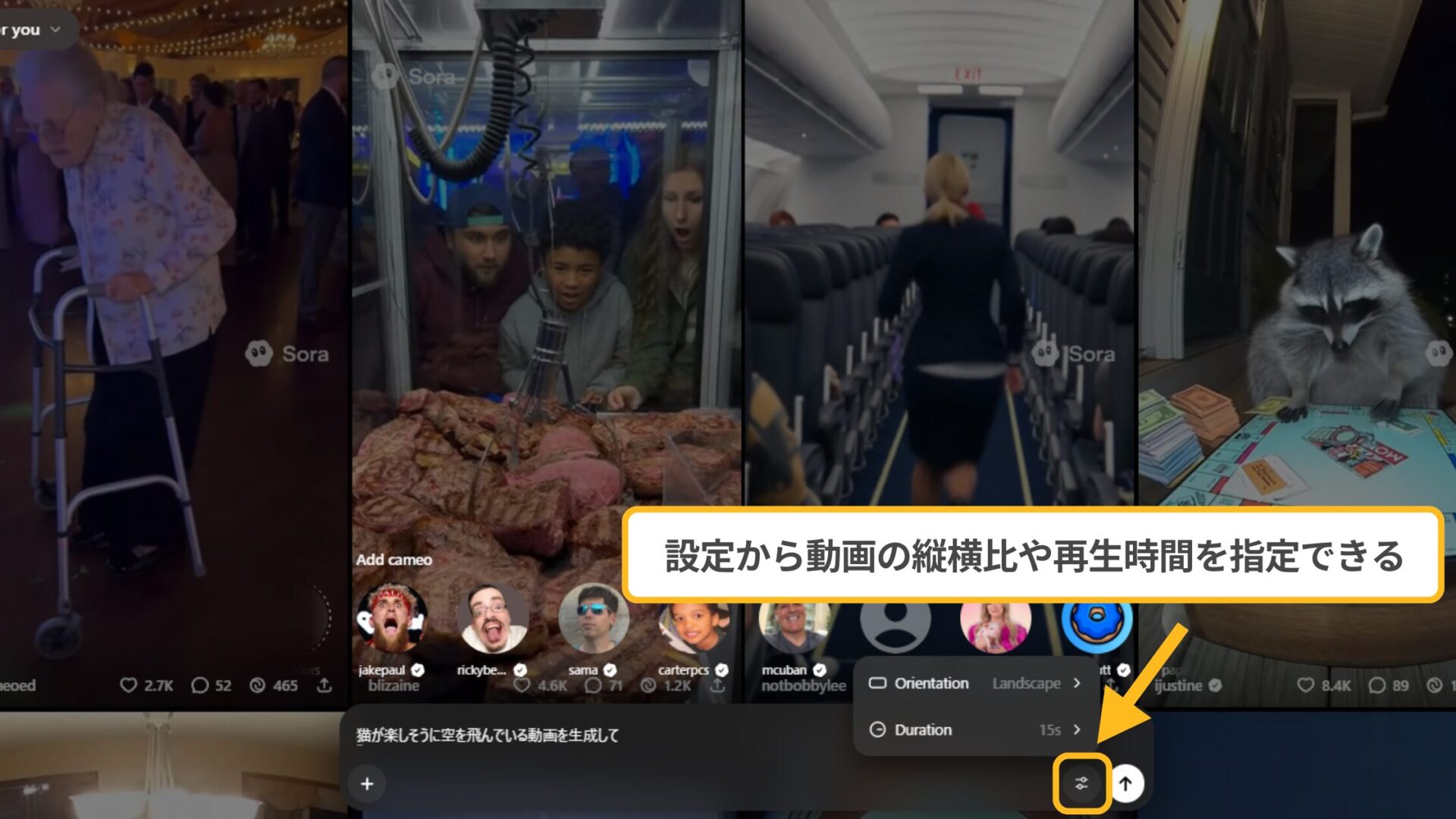 AI YouTuberの作成方法:Soraで生成動画の設定を指定する画面のスクリーンショット