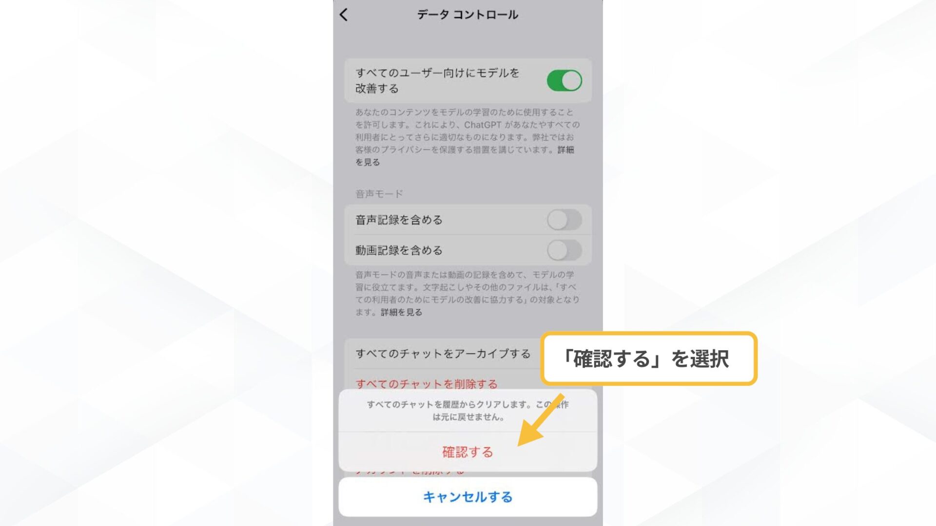 【一括で】ChatGPTの履歴削除の手順(スマホアプリ-「確認する」を選択して削除完了)