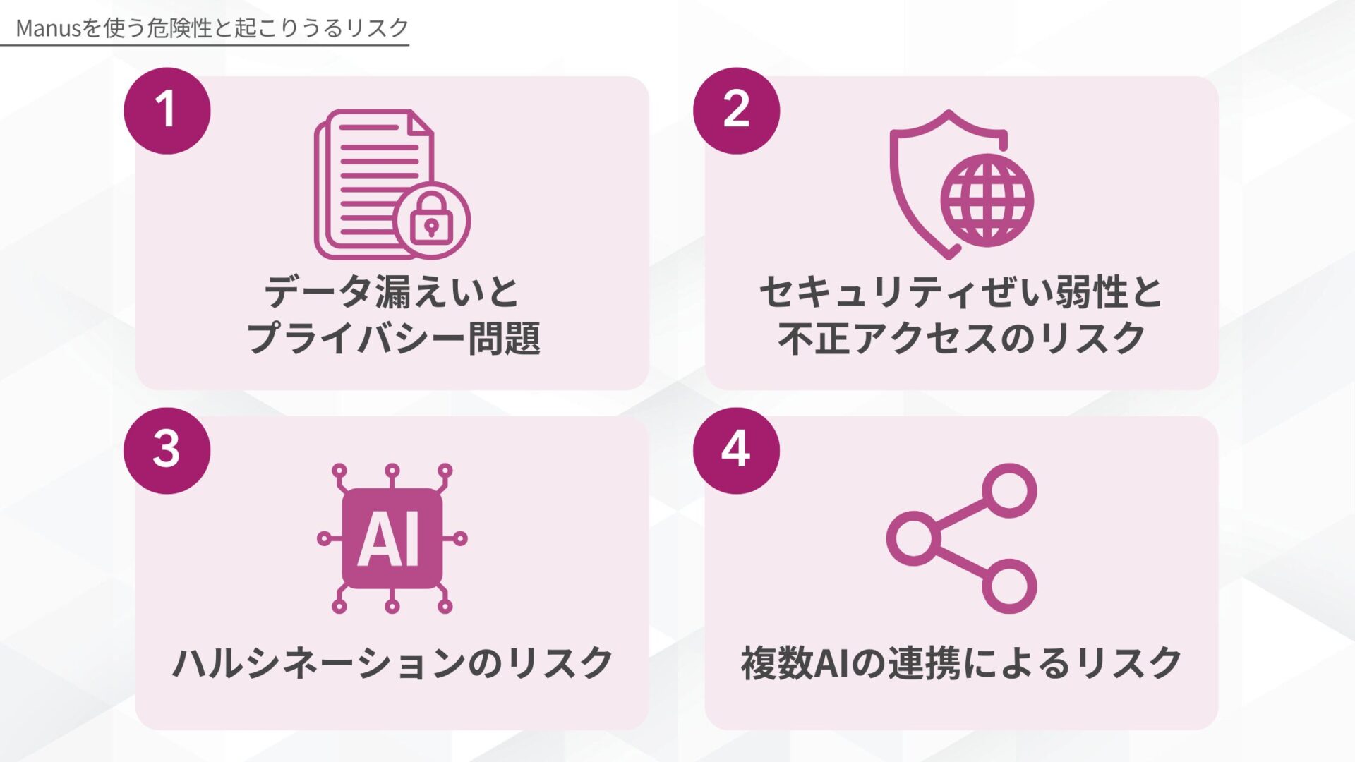 Manusを使う危険性と起こりうるリスク(データ漏えいとプライバシー問題/セキュリティぜい弱性と不正アクセスのリスク/ハルシネーションのリスク/複数AIの連携によるリスク)