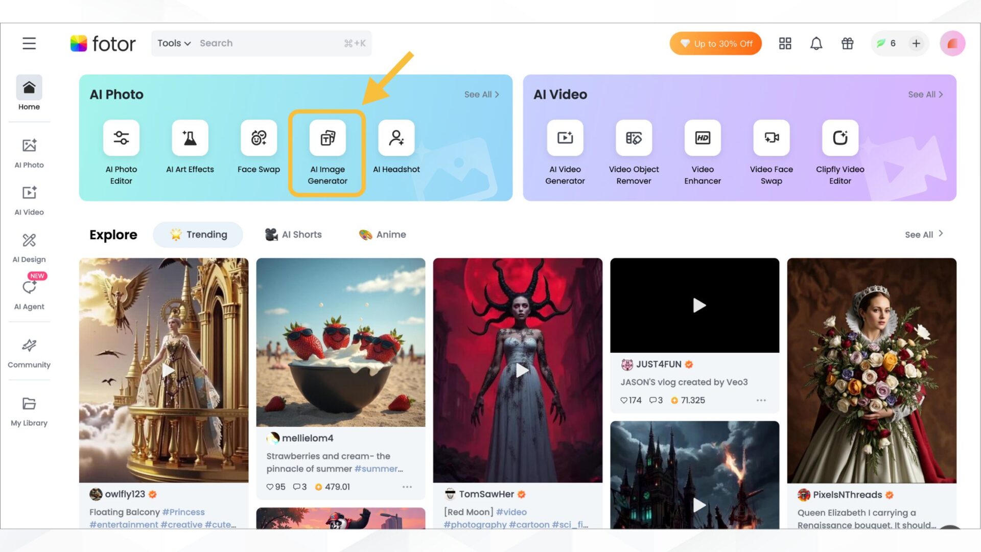 【無料で使える】AIアイドルを作れるアプリ・サイト6選(Fotor-STEP2：プロンプトを入力する-「AI Image Generator」を選択する)