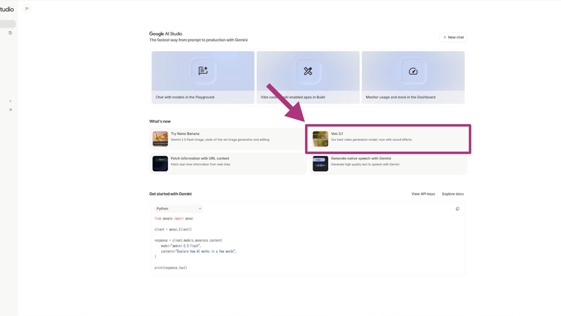 Google AI Studioの使い方(動画生成の方法-ホーム画面「Veo3.1」からアクセス)