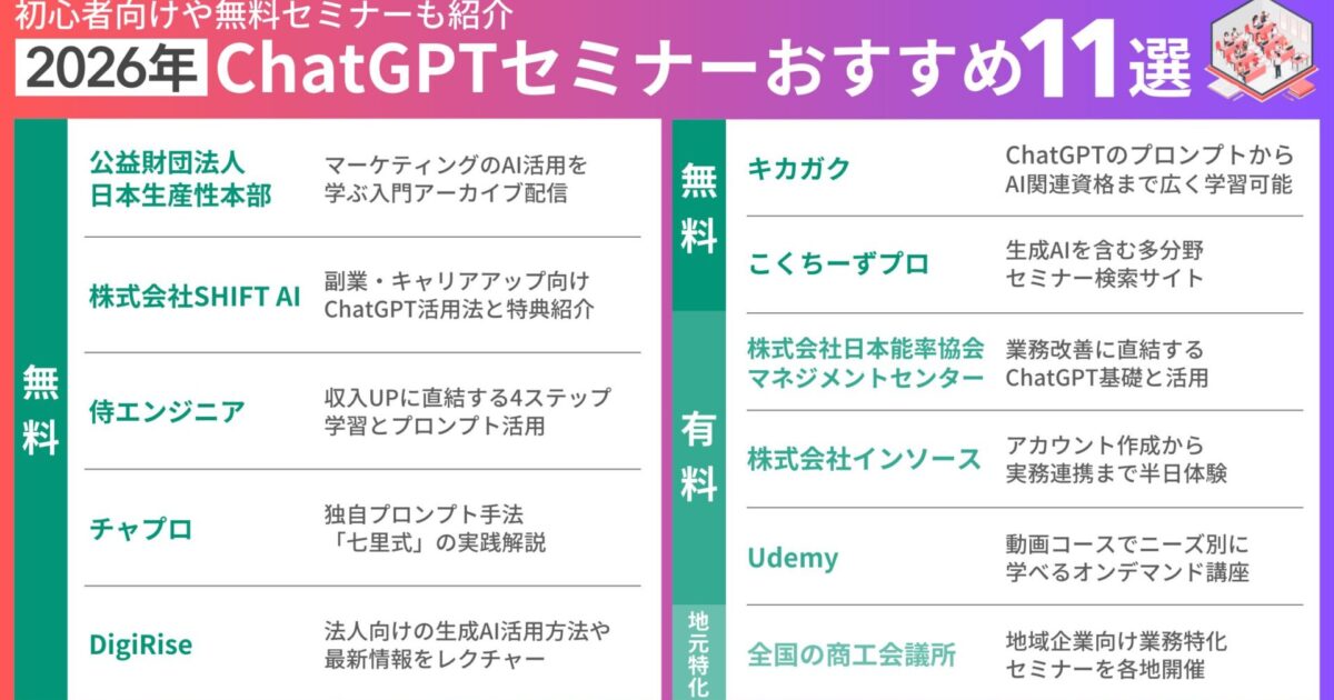 【2026年】ChatGPTセミナーのおすすめ11選！初心者向けや無料セミナーも紹介｜SHIFT AI TIMES