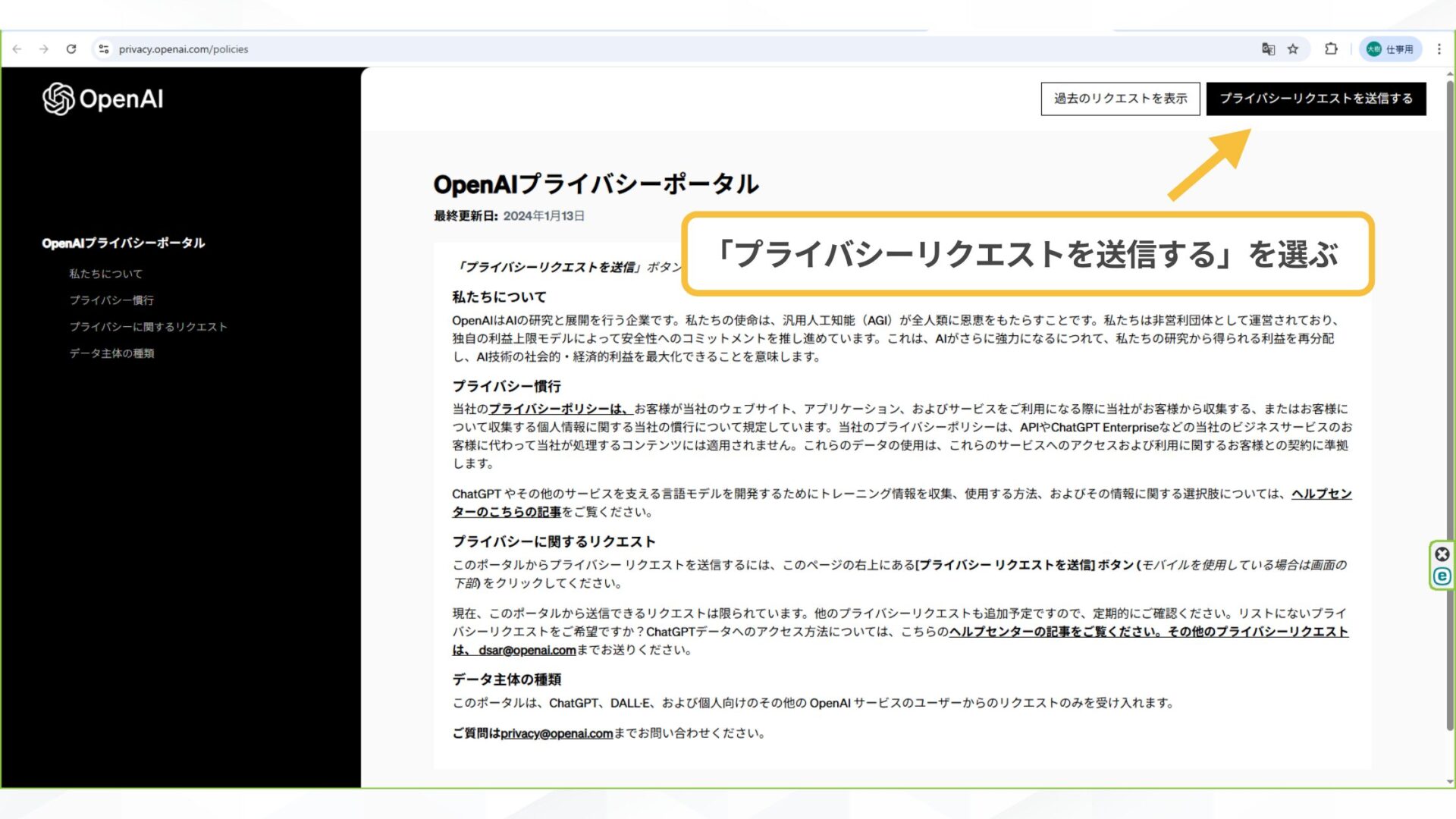 はじめからチャット履歴を残さない方法もある(データ学習に使用されない設定(オプトアウト)-公式サイトから申請-公式サイト「プライバシーリクエストを送信する」を選択)