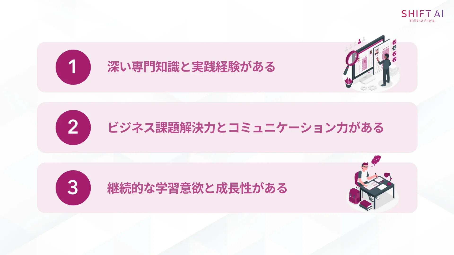 転職市場で求められるAI人材の3つの特徴(深い専門知識と実践経験がある/ビジネス課題解決力とコミュニケーション力がある/継続的な学習意欲と成長性がある)