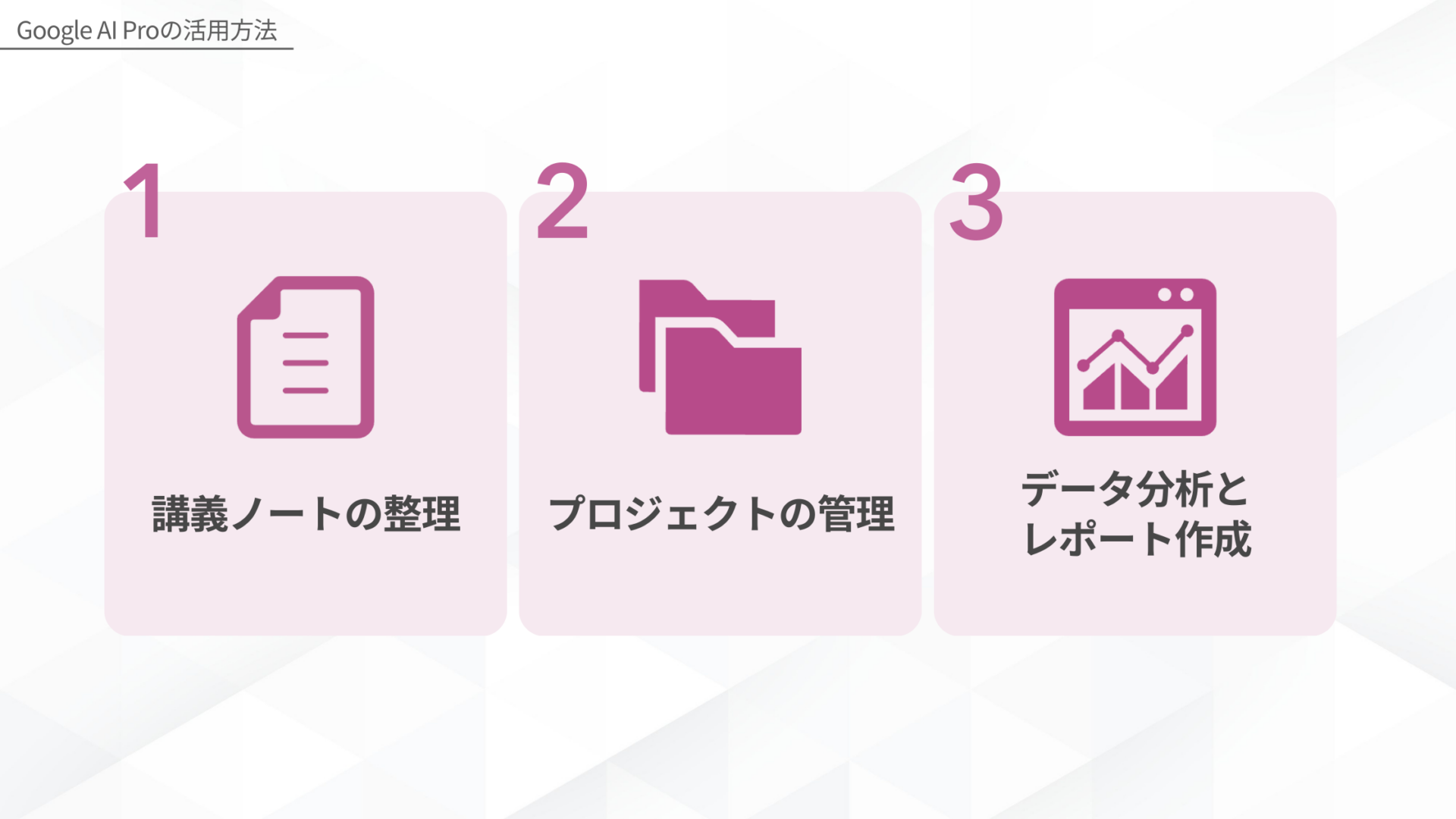 Google AI Proの活用方法(講義ノートの整理プロジェクトの管理データ分析とレポート作成)