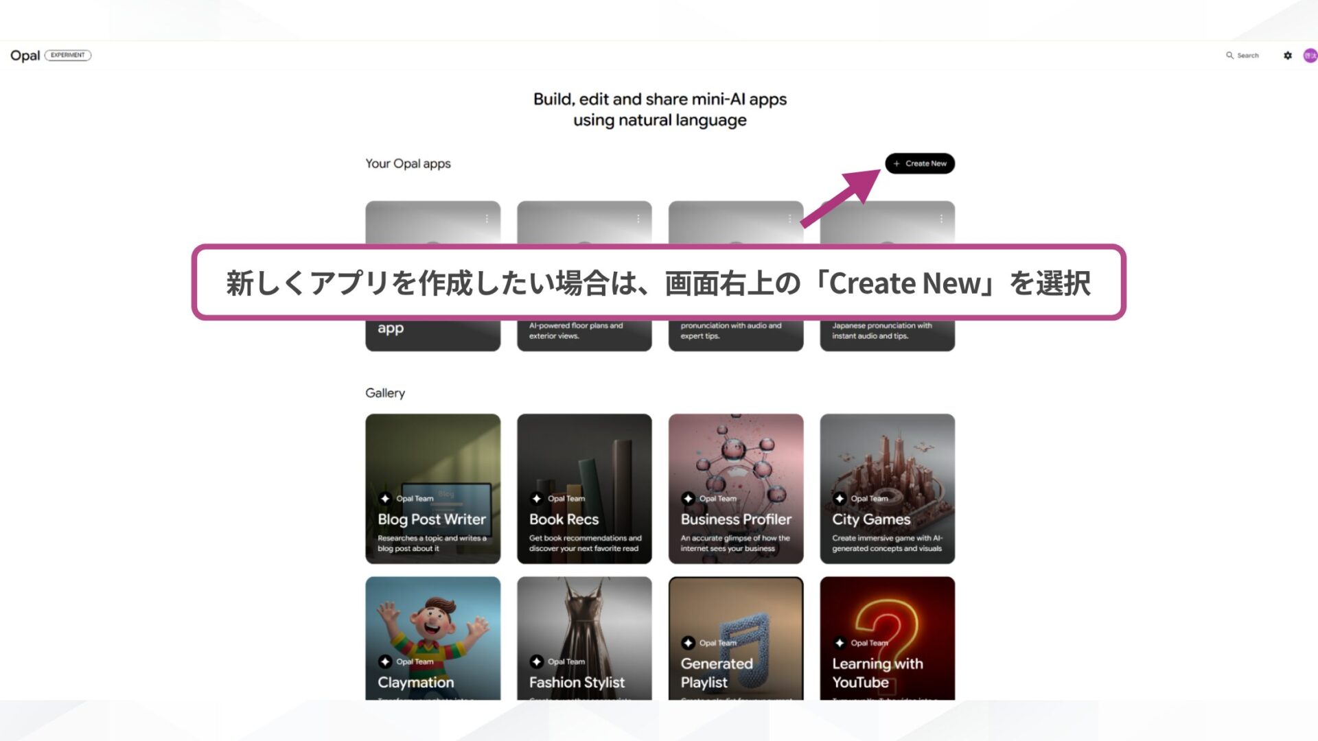 Opalの使い方(STEP2：新しくアプリを作成する-画面右上の「Create New」を選択)