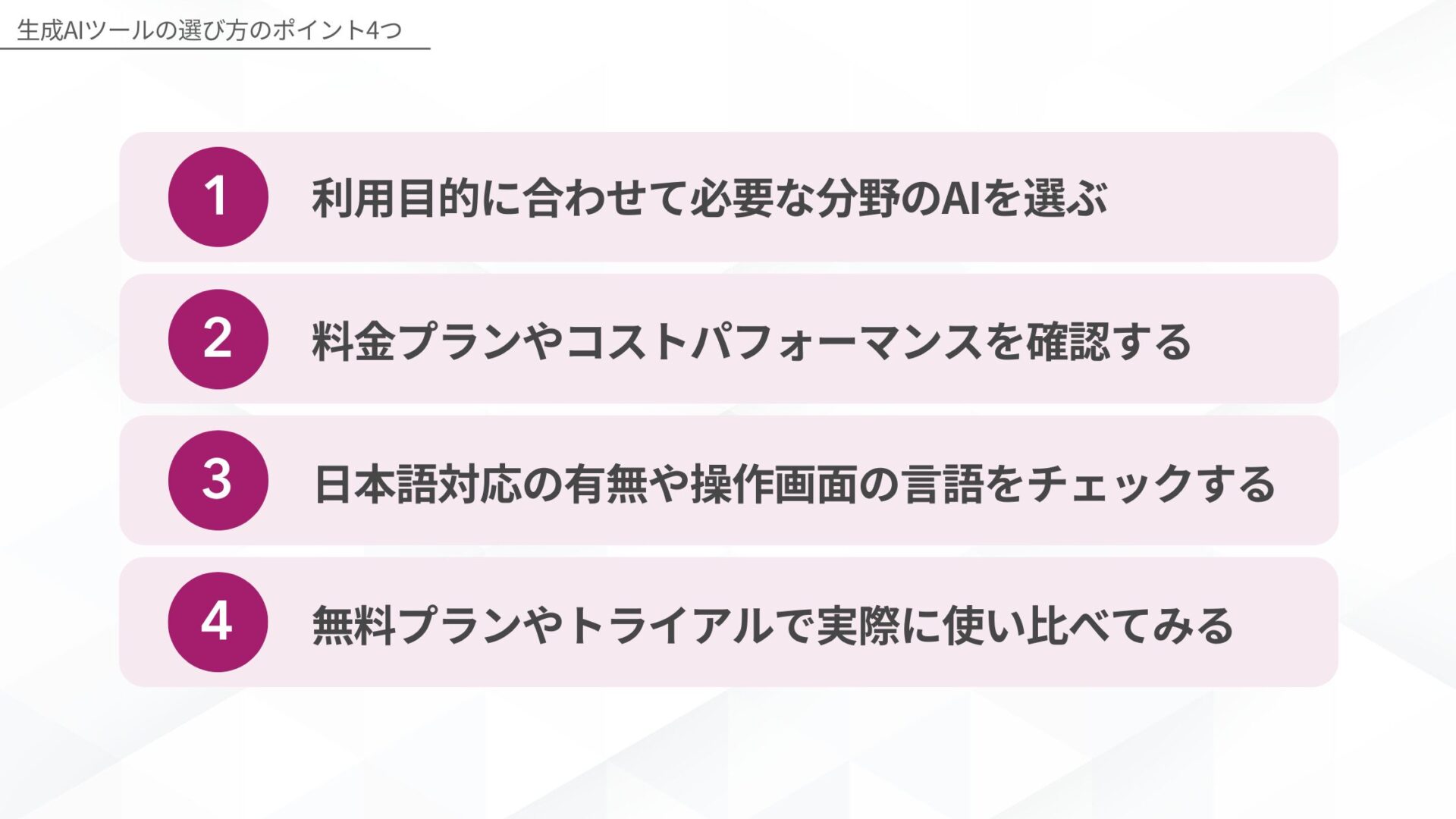 生成AIツールの選び方のポイント(利用目的に合わせて必要な分野のAIを選ぶ/料金プランやコストパフォーマンスを確認する/日本語対応の有無や操作画面の言語をチェックする/無料プランやトライアルで実際に使い比べてみる)